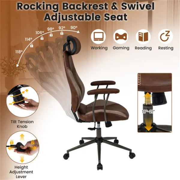 Brown Color Blocking Office Chair with 2D Adjustable Headrest, Ergonomic High-Back Desk Chair 330 lbs Capacity photo 8