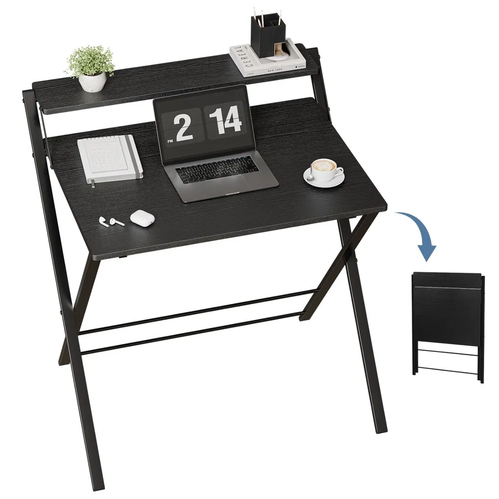 Small Folding Desk with Shelf, No-Assembly Foldable Computer Table for Tight Spaces, Portable Writing Desk for Office Dorm Apartment, Space Saving And Sturdy Metal Frame photo 2