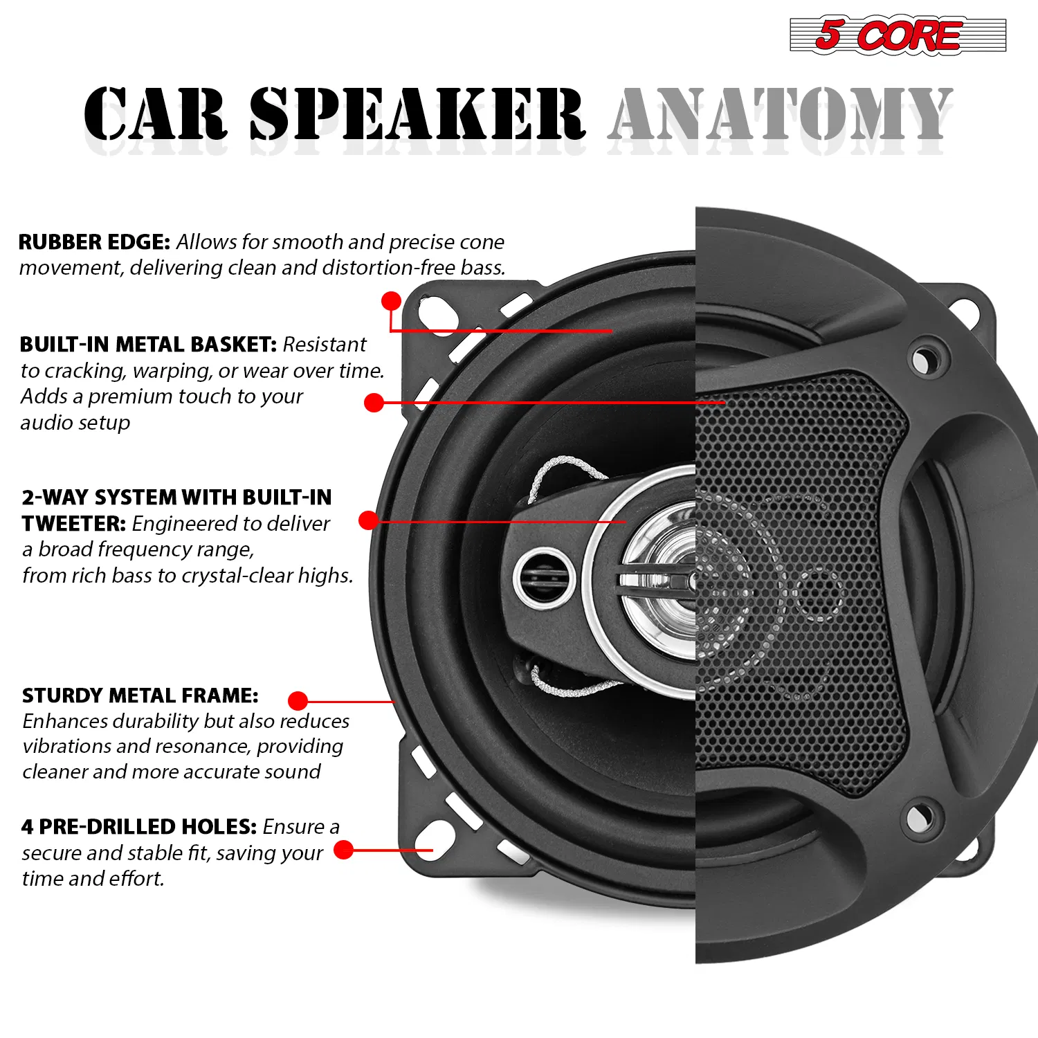 5Core Coaxial Car Door Speakers 4' Pair 250W 4Ohm 2 Way Woofer Audio w Tweeter photo 4