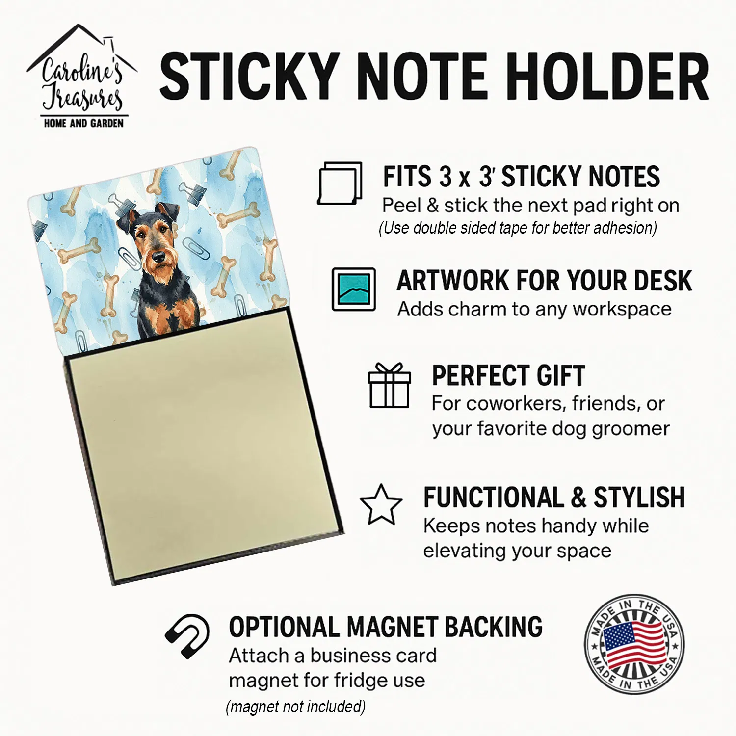 Airedale Terrier Coworker Watercolor Sticky Note Holder Refillable Dispenser Desk Accessory 3x3 Pad Gift photo 3