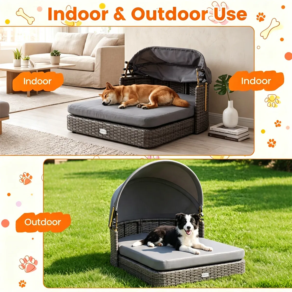Gray Hand-Woven PE Rattan Dog Bed with Adjustable Canopy, Elevated Outdoor Pet Daybed with Washable Plush Cushion, Anti-Slip Breathable Pet Shelter for Indoor Patio Garden photo 5