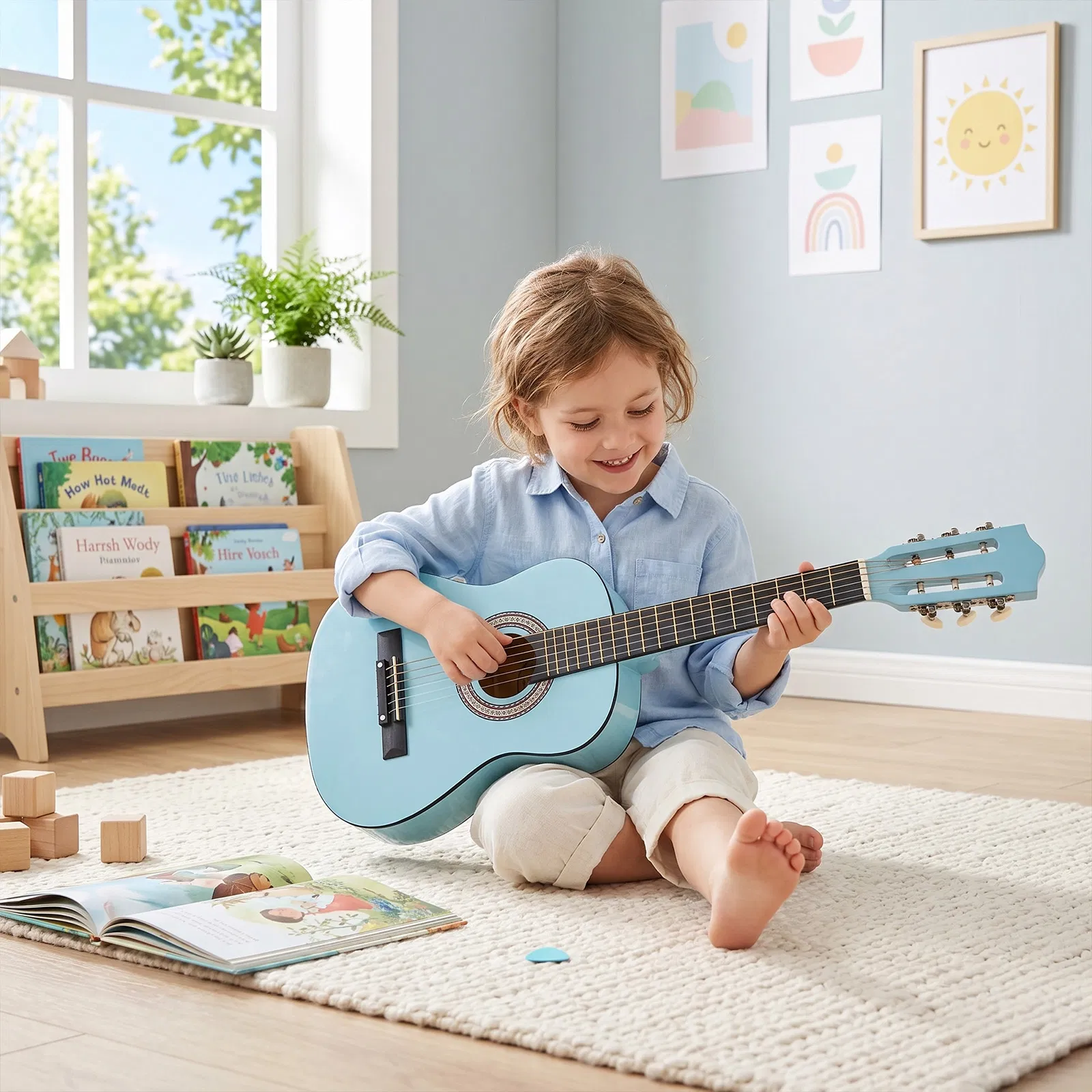 Sky-blue color 30-inch Round Acoustic Guitar with Picks, Strings, Capo, Case, Tuner, and Strap photo 7