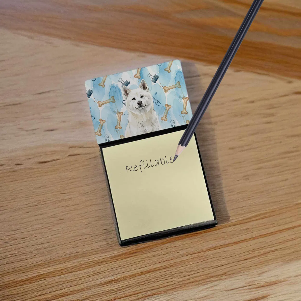 White Akita Coworker Watercolor Sticky Note Holder Refillable Dispenser Desk Accessory 3x3 Pad Gift photo 2