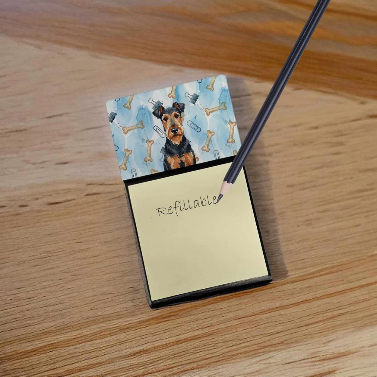 Airedale Terrier Coworker Watercolor Sticky Note Holder Refillable Dispenser Desk Accessory 3x3 Pad Gift photo 7