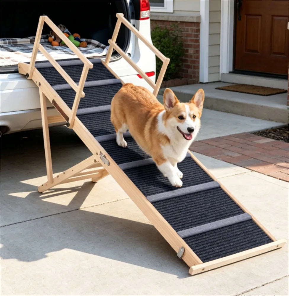 6-Level Adjustable Foldable Pet Ramp , Solid Pine Wood Non-Slip Dog Stairs with Side Rails, 145 lbs Heavy Duty Pet Step for Senior Dogs & Pets with Mobility Issues photo 2
