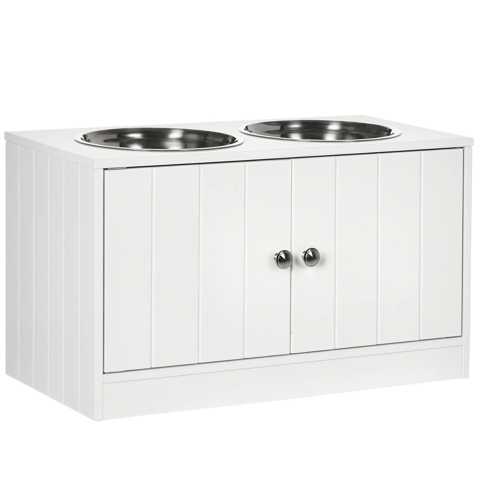 Elevated Dog Bowls for Large Dogs Pet Feeding Station with Stand, Storage, 2 Stainless Steel Food and Water Bowls, White, 23.6" x 11.8" x 14" photo 1