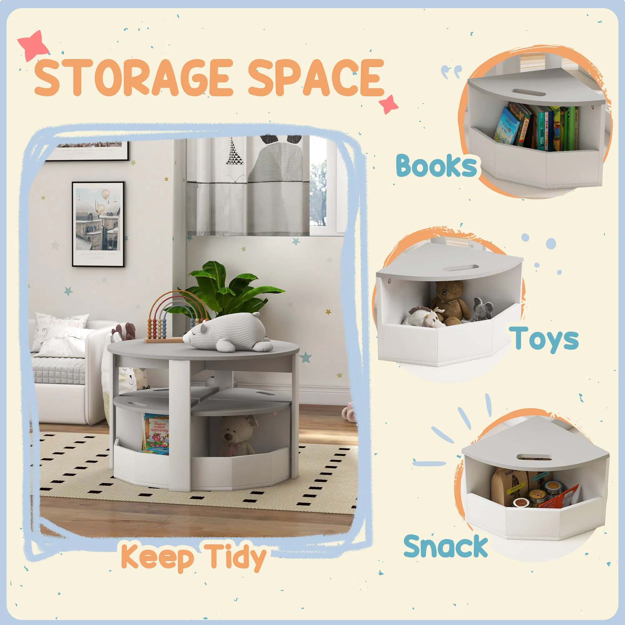 5 Piece Kids Table and Chair Set with Storage for Kids Room, Grey photo 4