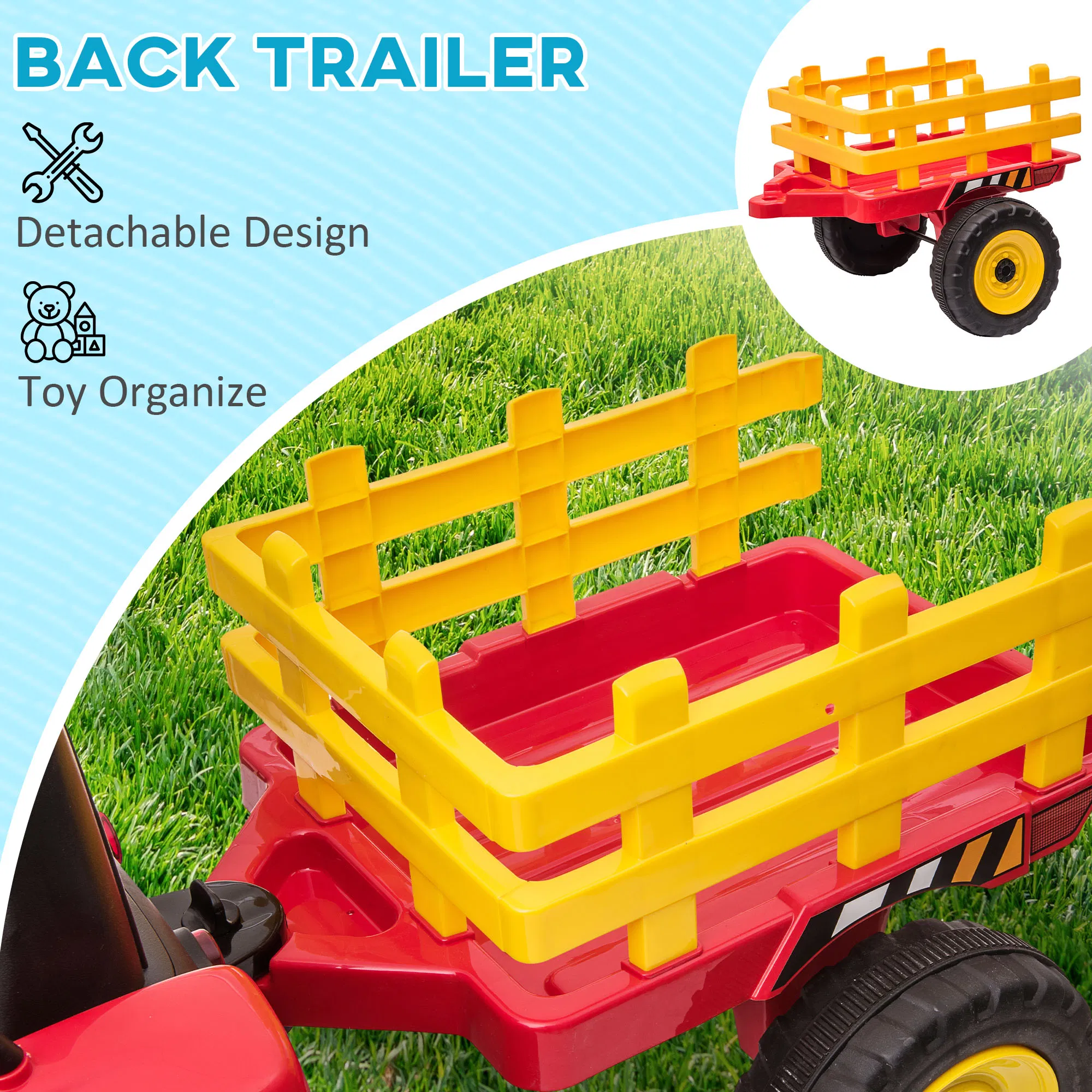 12V Kids Ride on Tractor with Trailer, Remote Control, Music Start up Sound and Horn, USB, LED Lights, Red photo 5