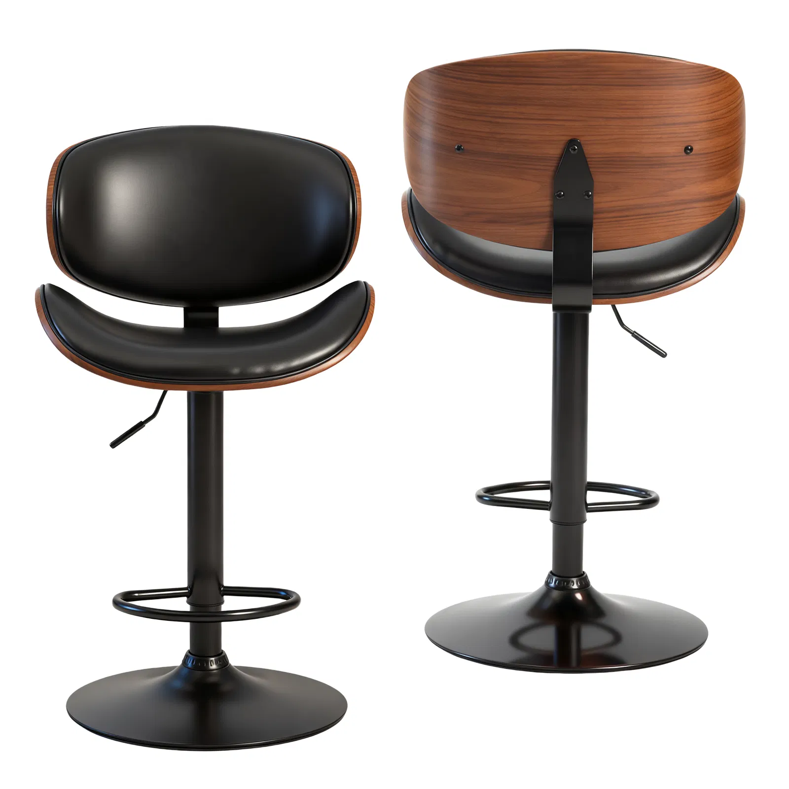 A set of 2 rotating bar stools with adjustable height, PU leather decorative chairs, backrests and footstools, and anti-slip rubber bases photo 1