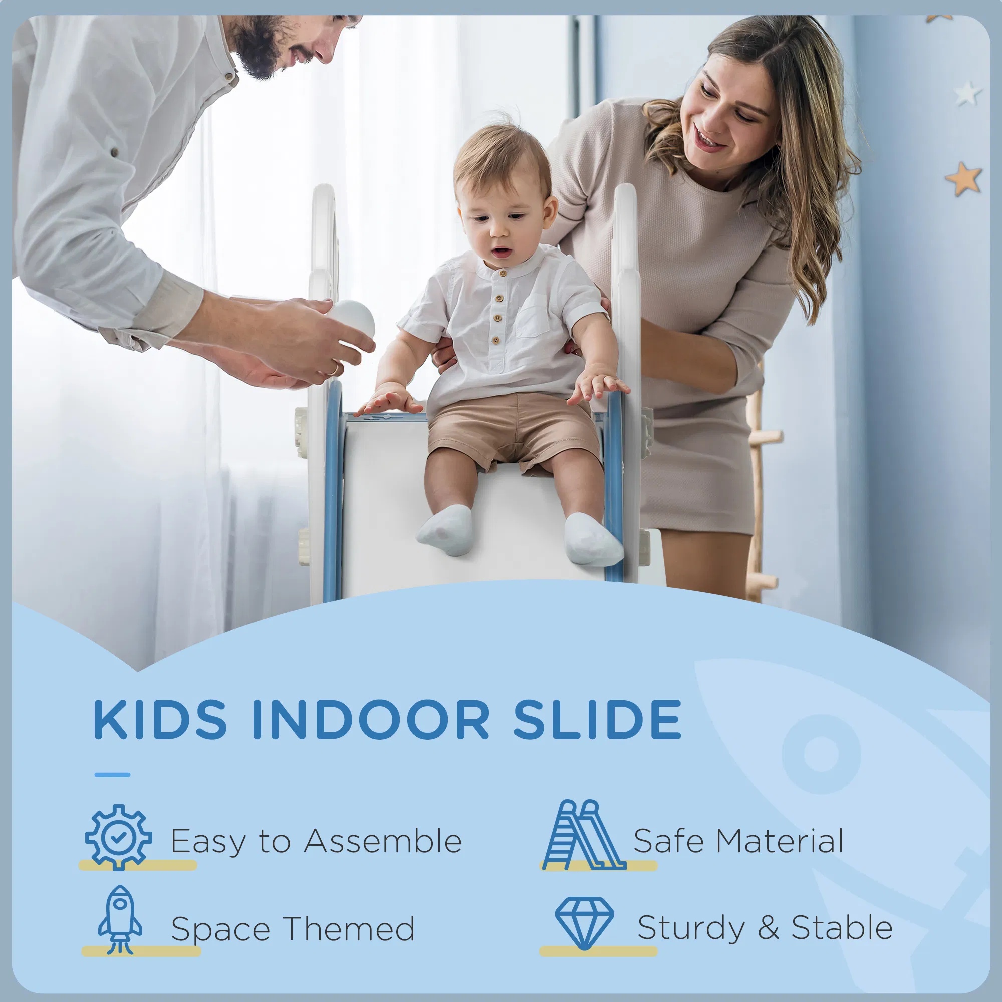 Toddler Slide Indoor for Kids 1.5-3 Years Old, Space Theme Climber Slide Playset, Blue photo 4