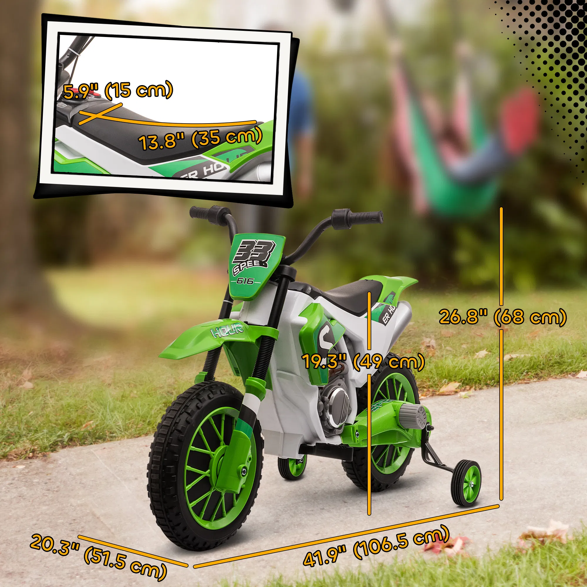 Kids Dirt Bike Battery-Powered Ride-On Electric Motorcycle with Charging 12V Battery, Training Wheels Green photo 2