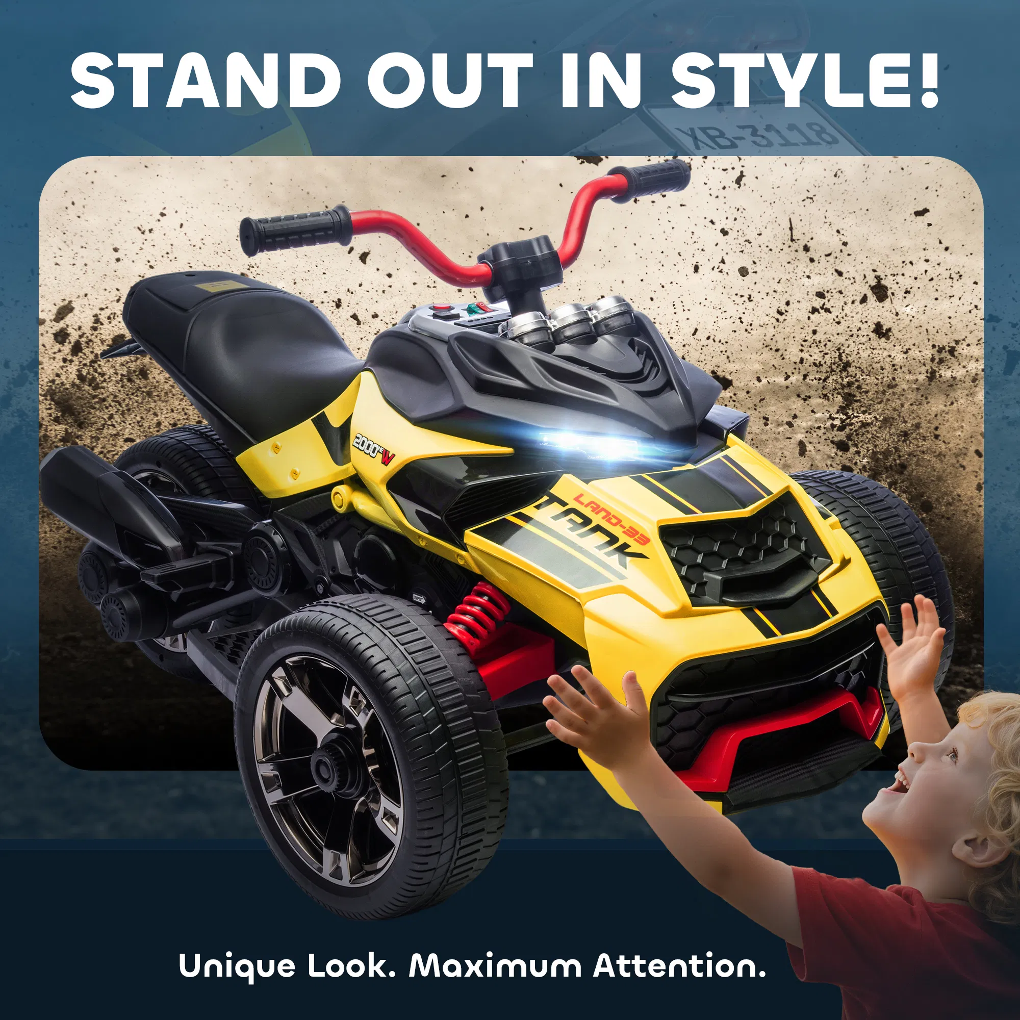 12V Kids Ride On ATV with MP3 Player, Music, Horn, 2 Speeds, LED Lights, Gift for Boys & Girls, Yellow photo 2