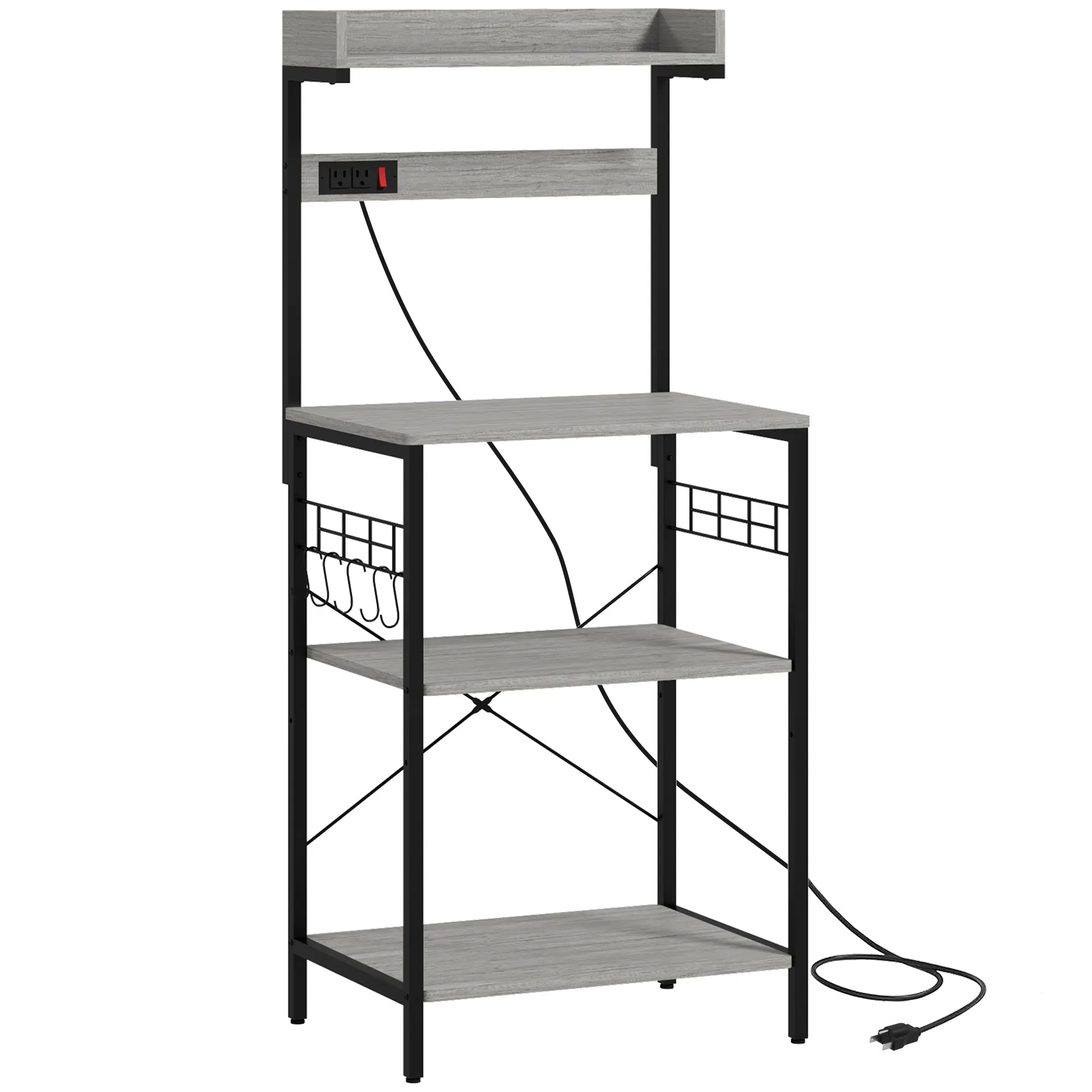 Kitchen Baker's Rack with Power Outlet, Coffee Bar Station with Adjustable Shelves and Hooks, Distressed Grey photo 1