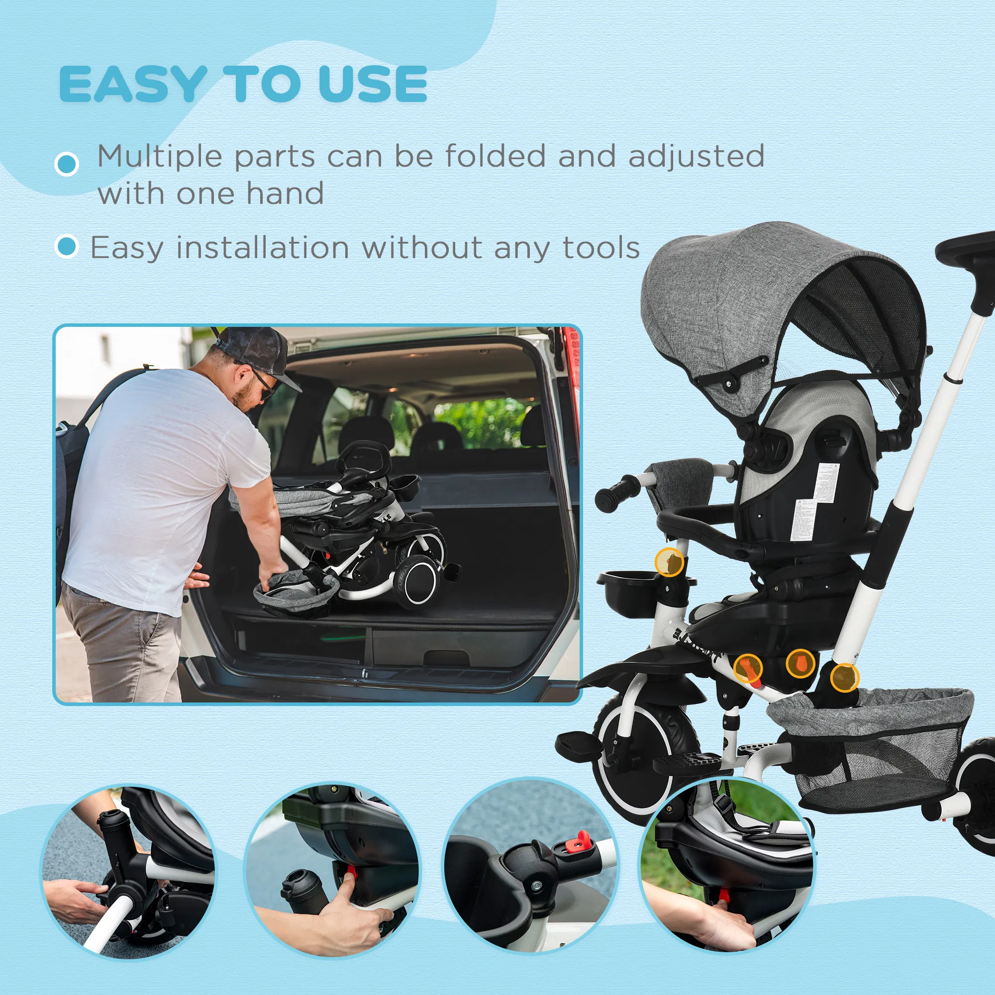 6-in-1 Toddler Tricycle for 12-50 Months, Foldable Kids Trike with Adjustable Seat and Push Handle, Safety Harness, Removable Canopy, Footrest, Grey photo 2