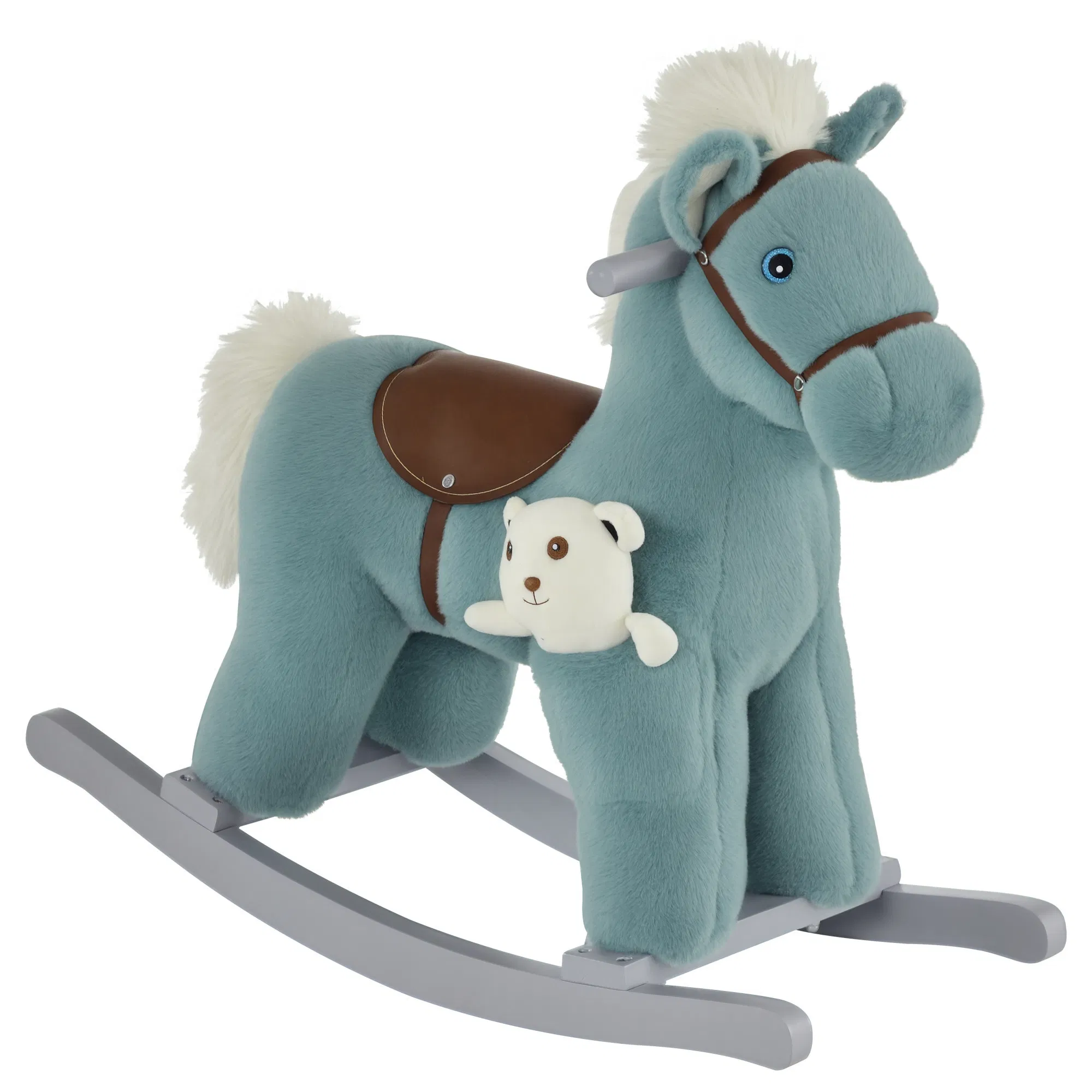 Kids Plush Ride-On Rocking Horse with Bear Toy, Children Chair with Soft Plush Toy & Fun Realistic Sounds, Blue photo 1