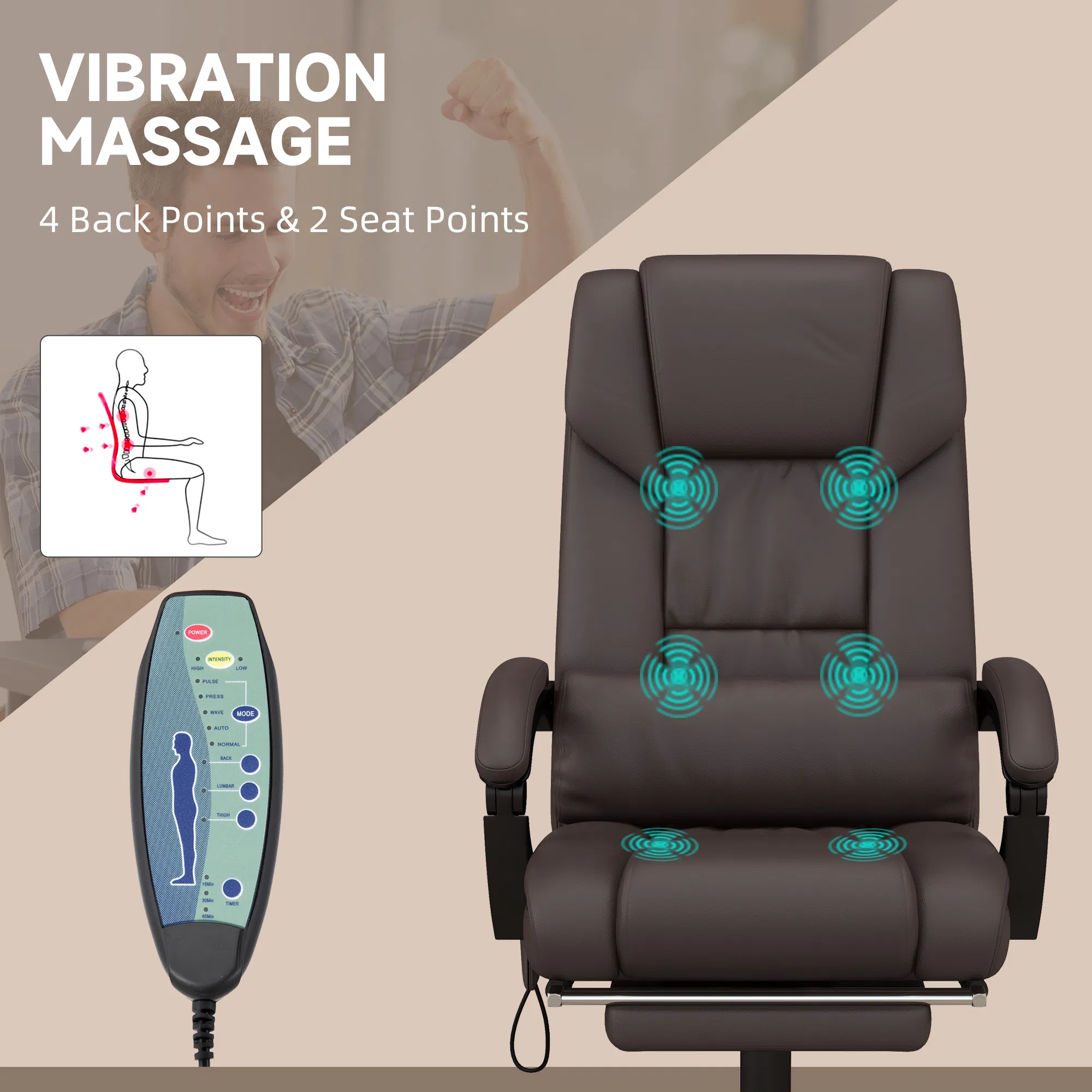 6-Point Vibration Massage Chair, Height Adjustable Reclining Computer Chair with Retractable Footrest, Brown photo 5