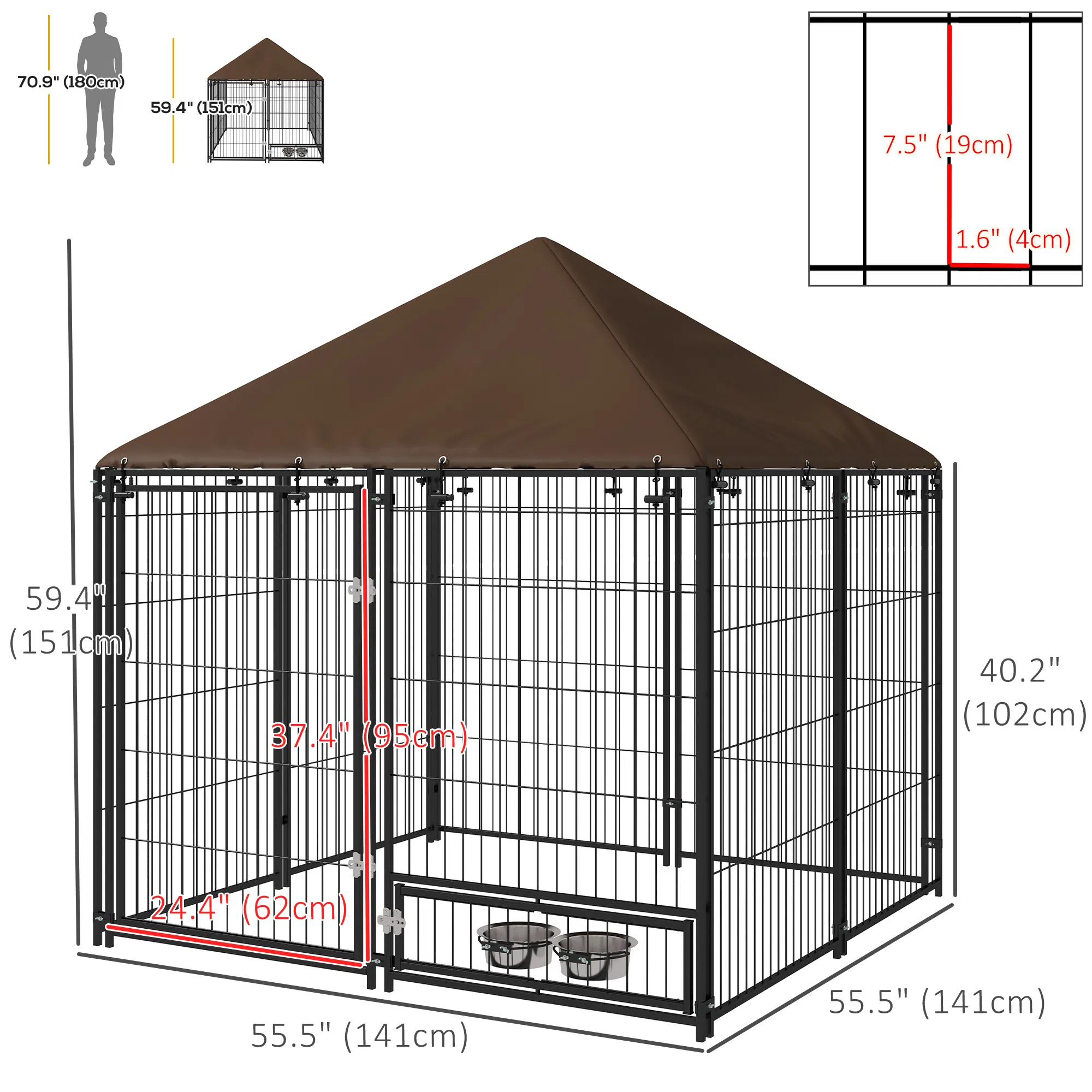 4.6' x 4.6' x 5' Outdoor Dog Kennel with Canopy, Rotating Bowls, Coffee photo 3