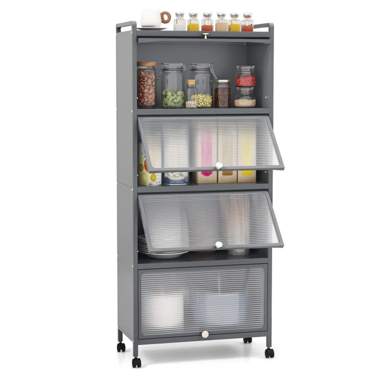 5-Tier Rolling Microwave Stand Flip Dust-Proof Doors 4 Casters with Brakes Kitchen Storage Rack Gray photo 1