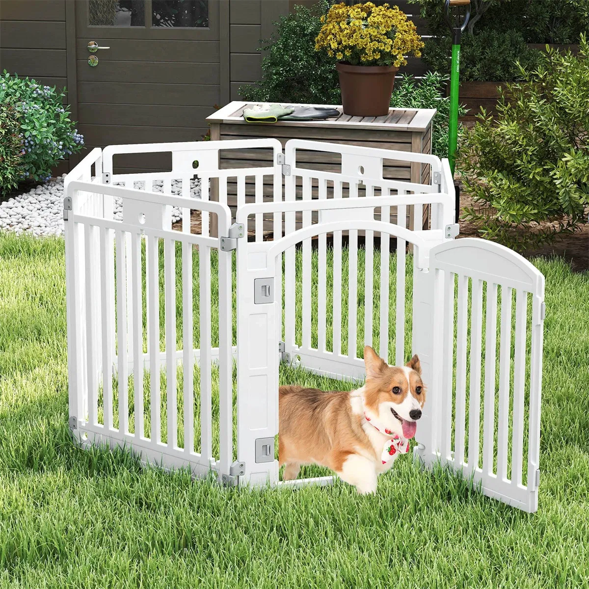 6-Panel HDPE Dog Playpen - Convertible Design (Playpen/Fence), Lockable Door, Suction Cups + Ground Stakes photo 5