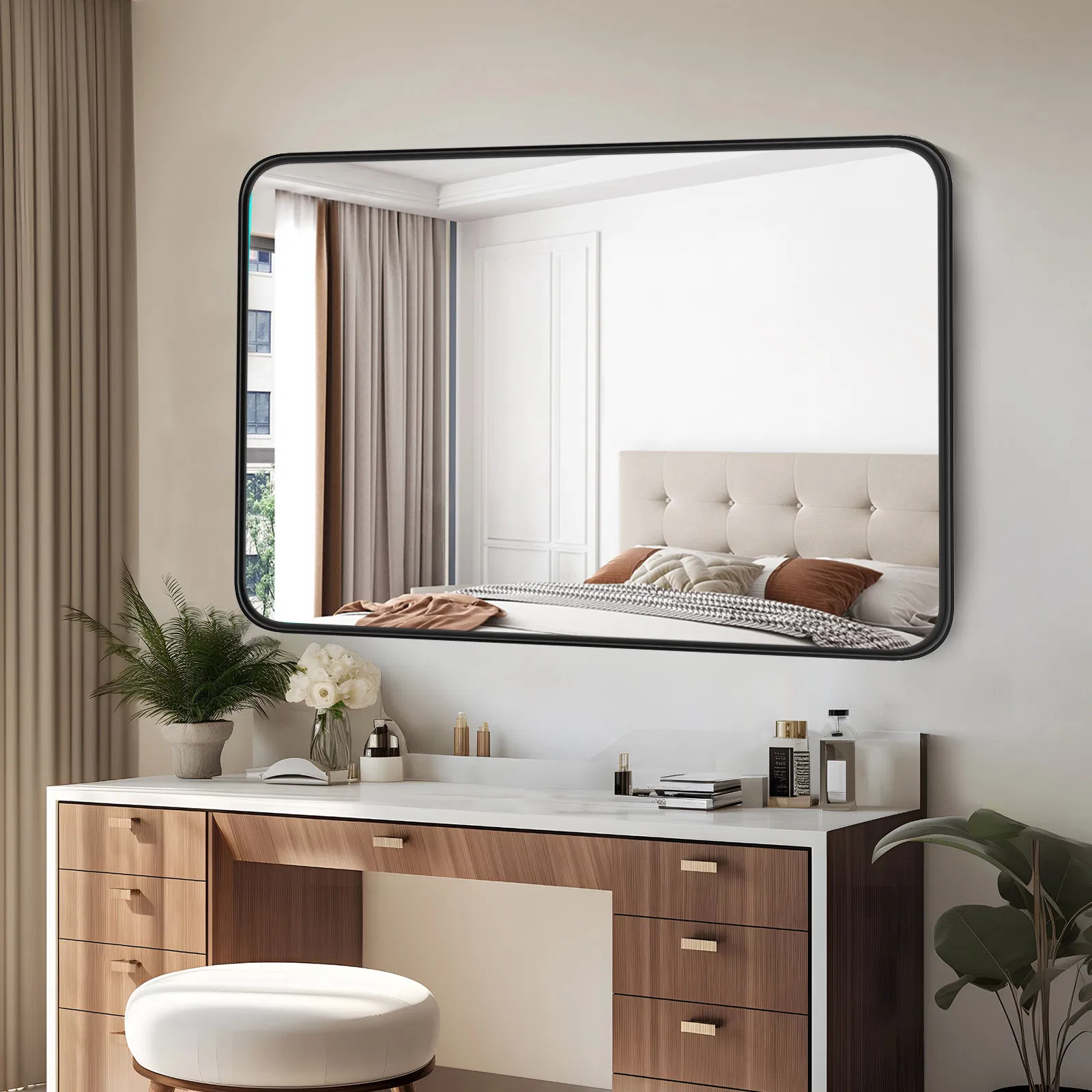 Large Rectangle Vanity Framed Mirror for Wall Matte Metal Framed 30x40 Inch Modern Mirror Tempered Glass For Living Room photo 1