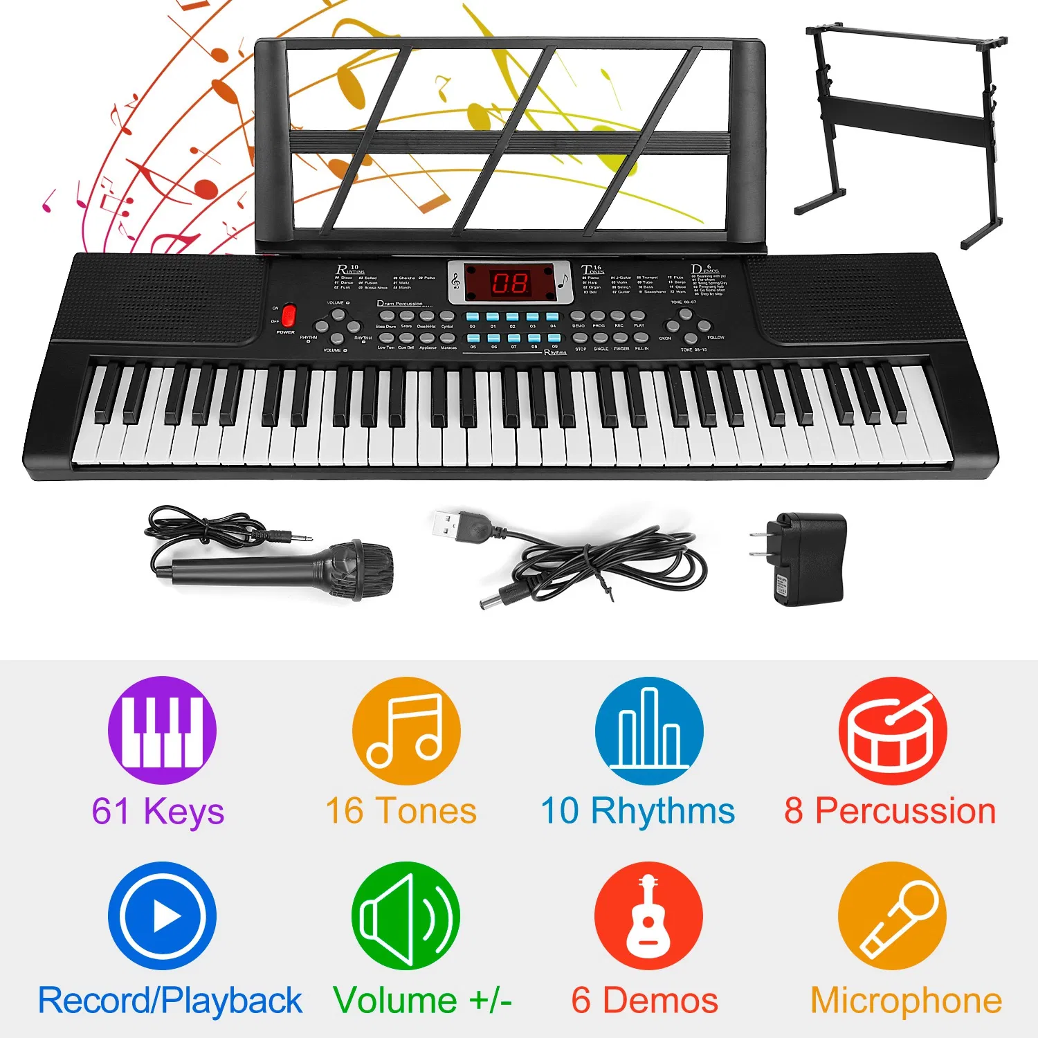 Multifunctional 61 Key Children's Piano Toy - Electronic Keyboard with 16 Tones, 8 Percussions, Volume Control & HD Display, Includes Stand Microphone for Early Music Education photo 5