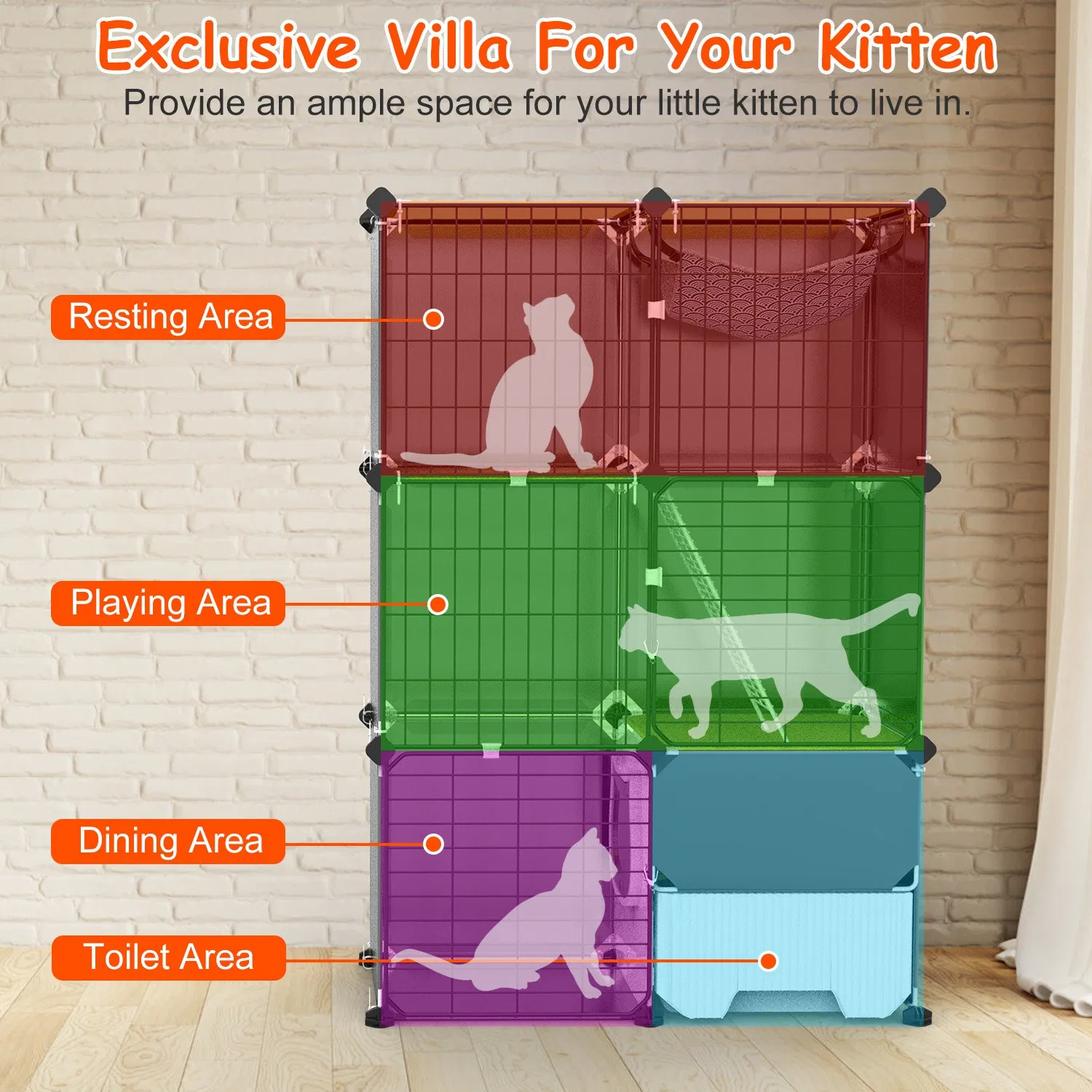 Multi-Level Cat Playpen Cage, 3-Tier Indoor Cat House with Built-in Litter Tray, Litter Scoop, Reversible Hammock for Kittens, Ferrets, Rabbits photo 4