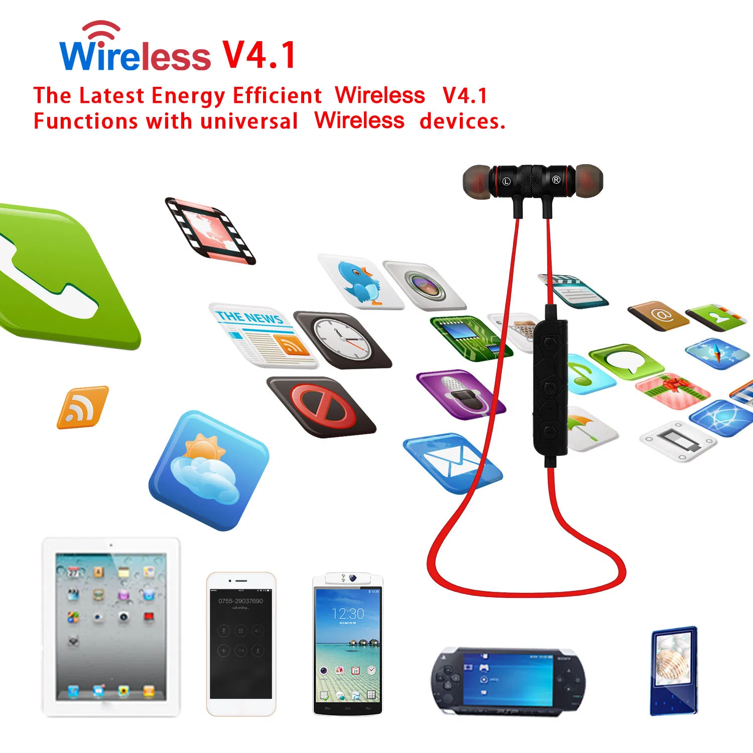 Wireless Headsets In-Ear Neckband Headphones Sweat-proof Sport Earbuds w/ Call Alert Number Broadcast photo 3