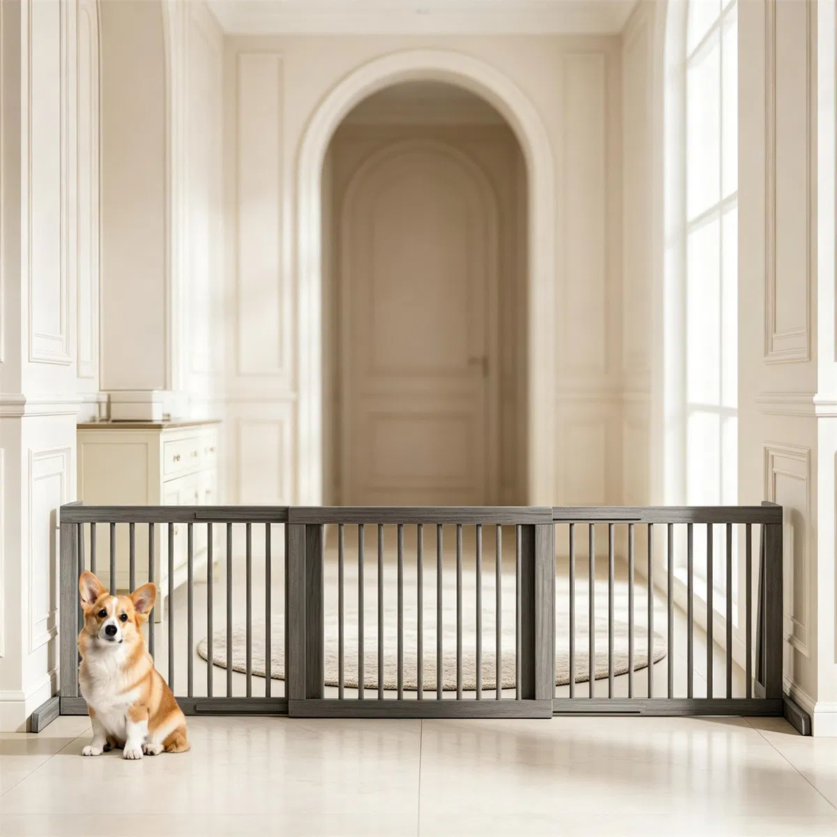 Adjustable Expandable Wooden Pet Gate 22 Inch Tall Freestanding Safety Fence, Gray Pine Wood Slide Dog Gate Easy Assembly for Home & Office Entryways photo 6