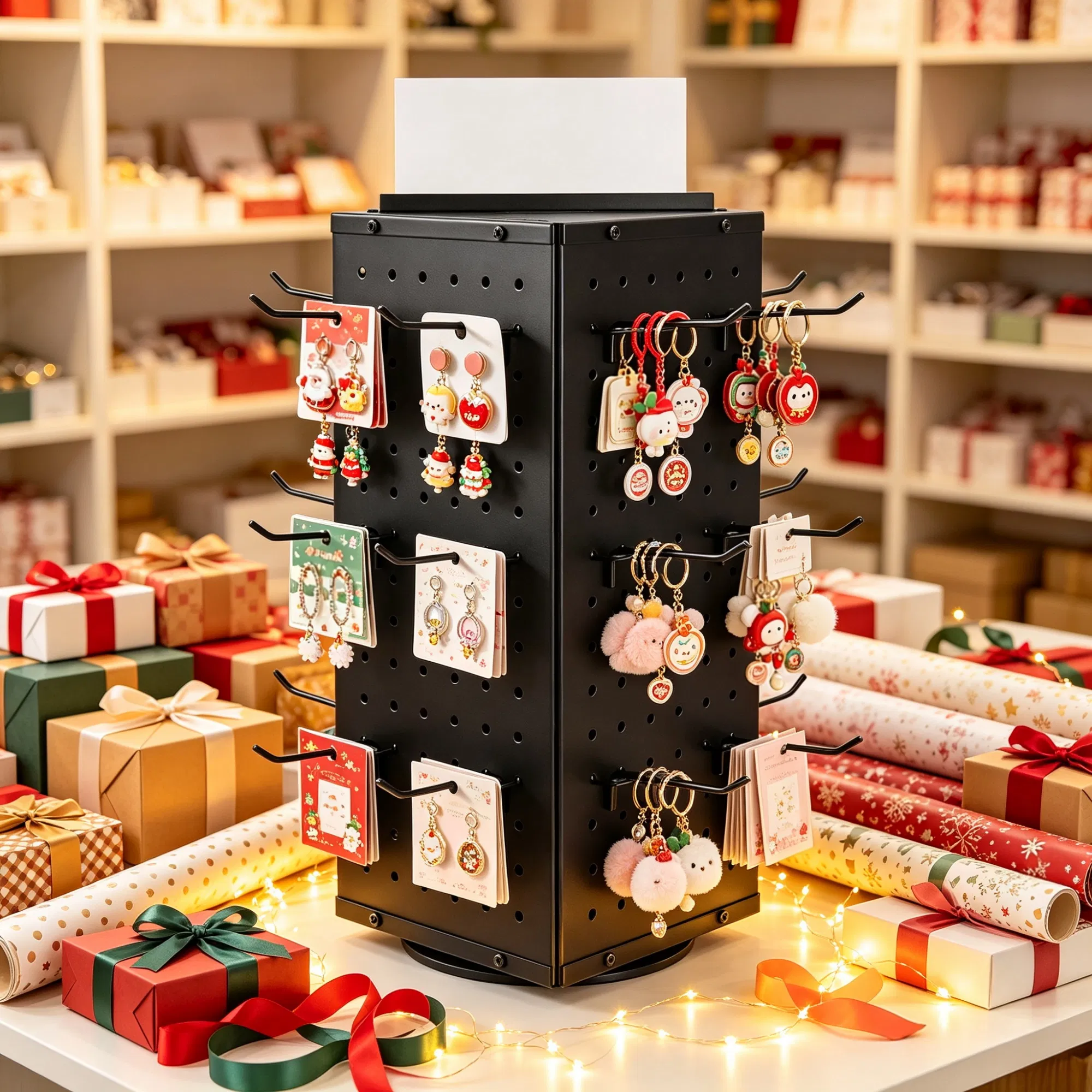 7.4 x 7.4 x 17 in Rotating Pegboard Display Stand, 4-Sided Spinning Retail Organizer with 24 Hooks for Grocery & Jewelry Shop photo 1