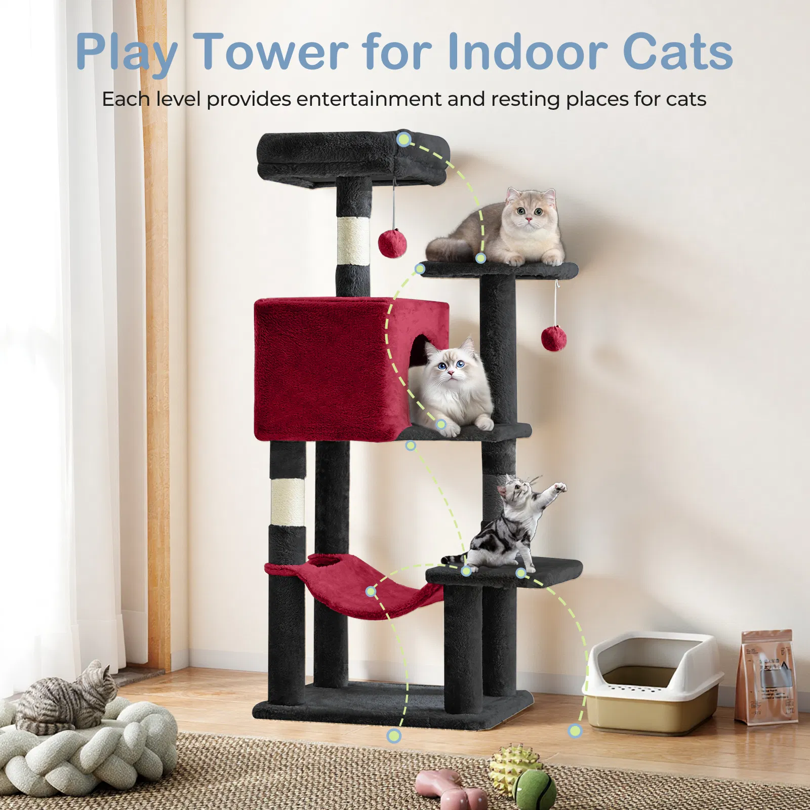 44 inch Cat Tree Tower, Multi-Cat Climbing Tower with, Natural Sisal Scratching Posts, Extended Platform, Hammock photo 7