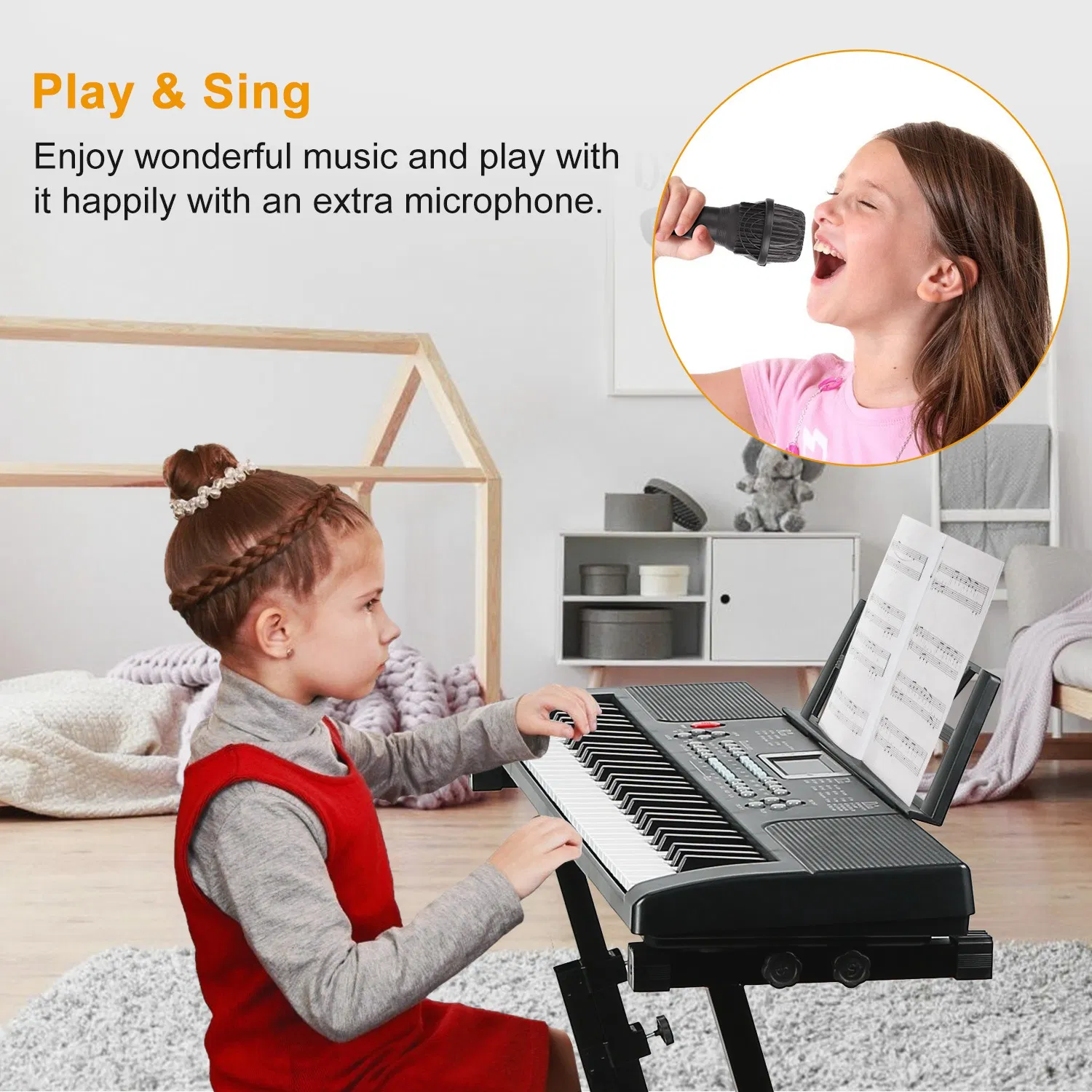 Multifunctional 61 Key Children's Piano Toy - Electronic Keyboard with 16 Tones, 8 Percussions, Volume Control & HD Display, Includes Stand Microphone for Early Music Education photo 8