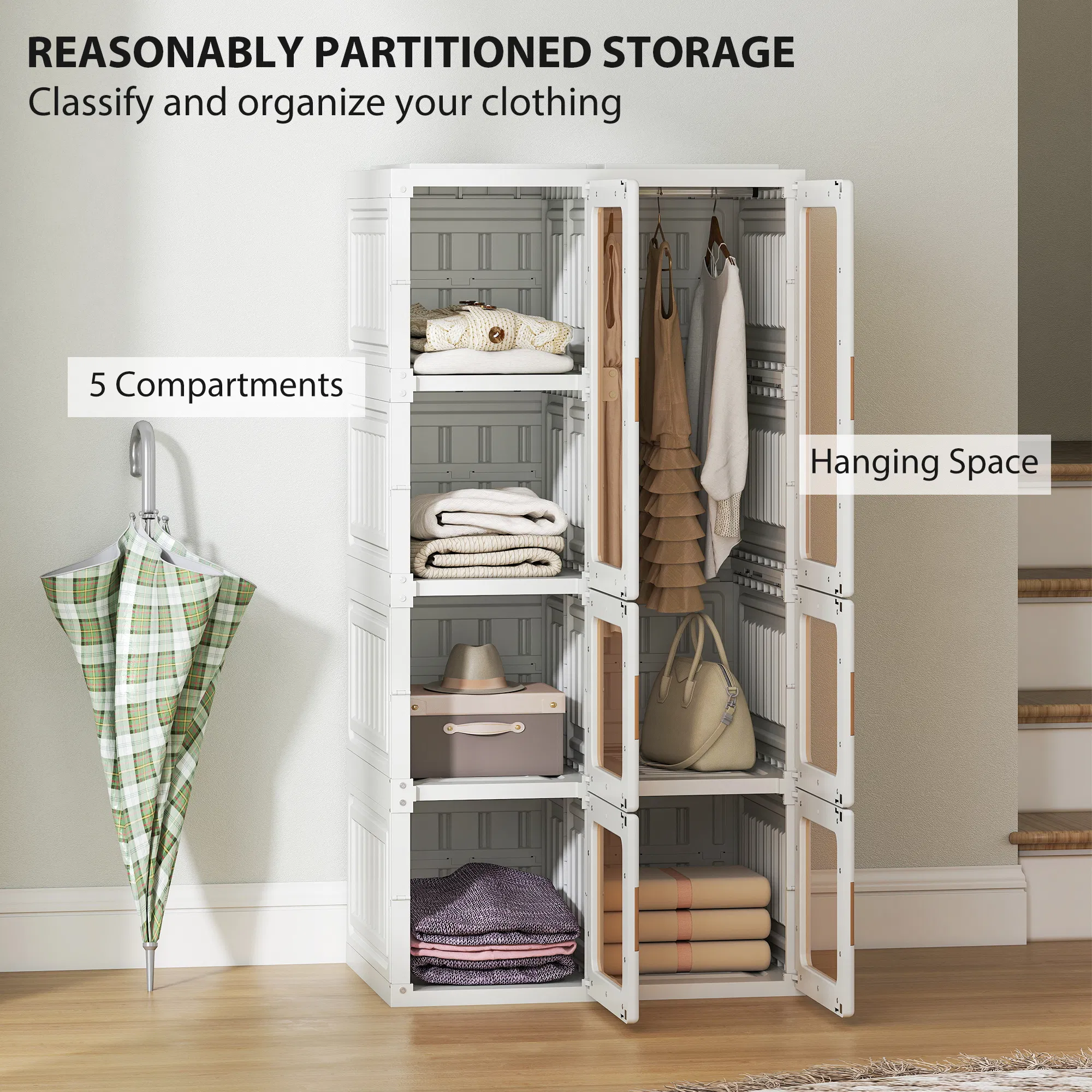 Portable Wardrobe, Foldable Plastic Closet with 5 Compartments, Hanging Rod and Magnetic Doors, White photo 4