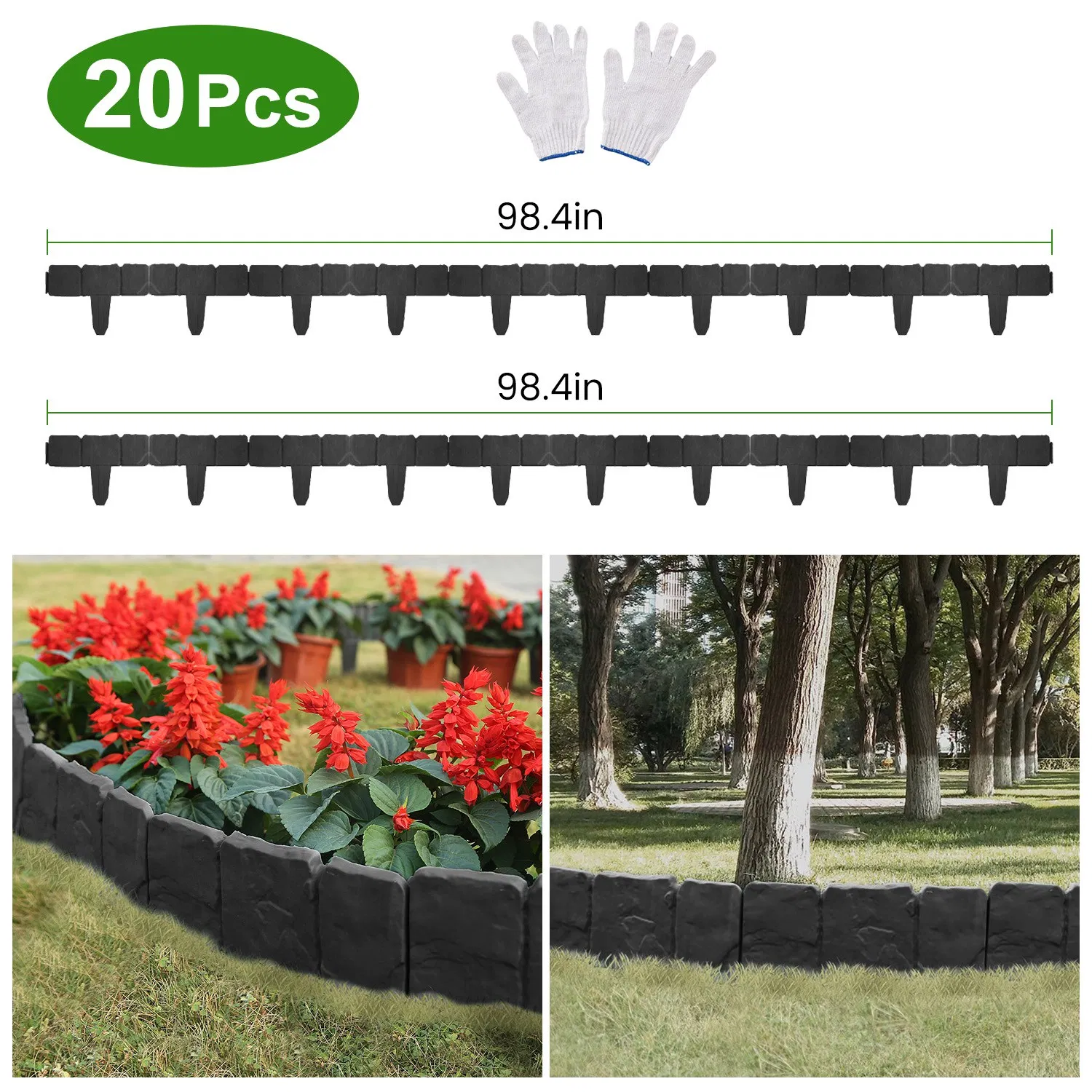 20-Piece 16ft Plastic Garden Edging, Cobblestone-Style Flexible Interlocking Landscape Border, PP Lawn Edging for Yard Flower Bed and Pathway Landscaping photo 1