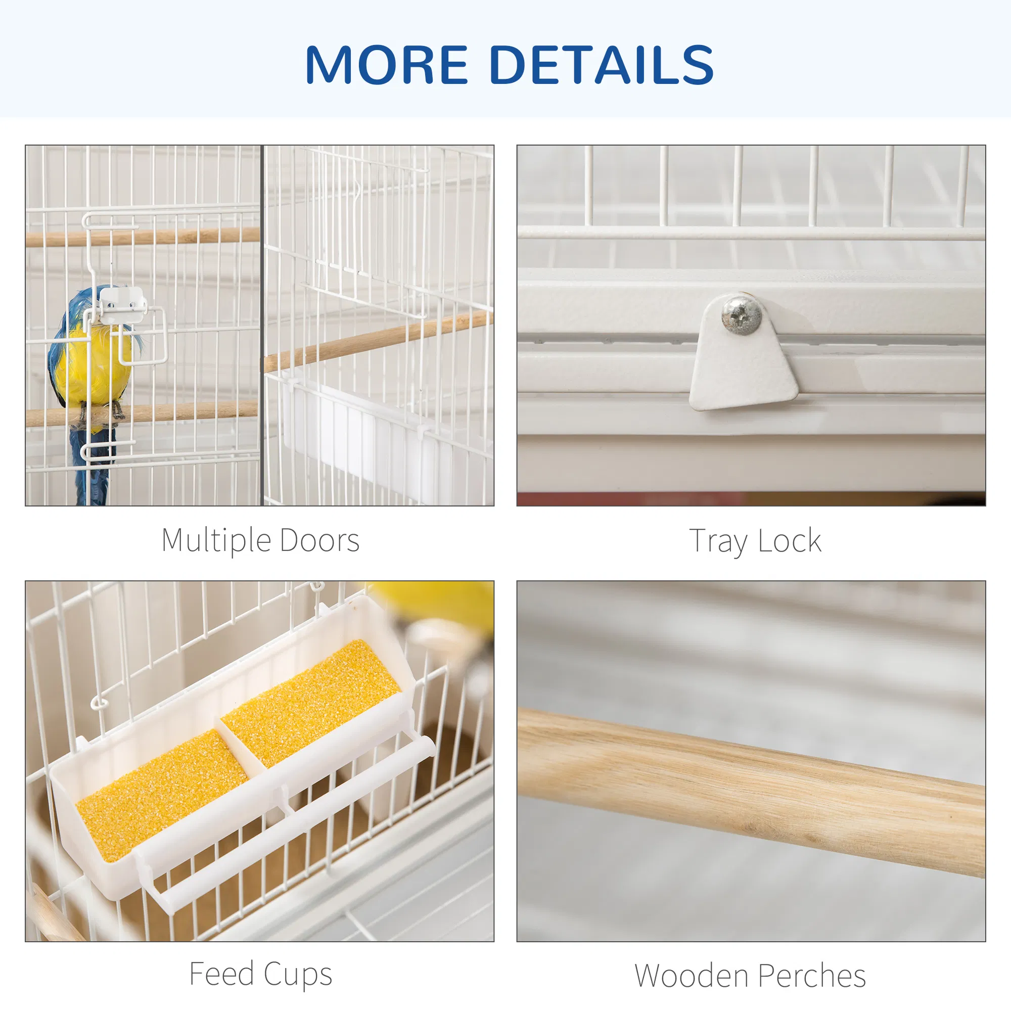 52" Large Rolling Steel Bird Cage Bird House with Rolling Stand, Storage Shelf, Wood Perch, Food Container, White photo 3