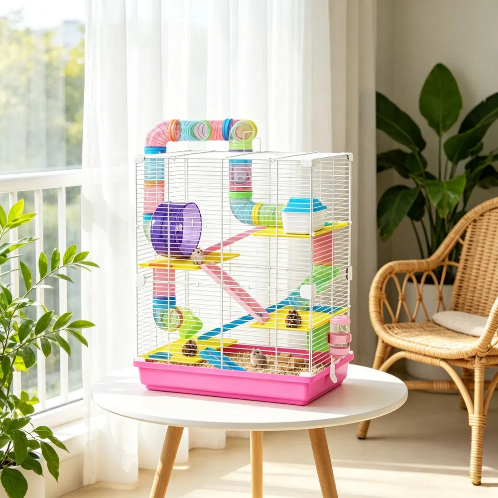 Pink 5-Tier Portable Hamster Cage for Short Trip Outing, Small Animal Travel Carrier with Tunnel Tubes photo 2