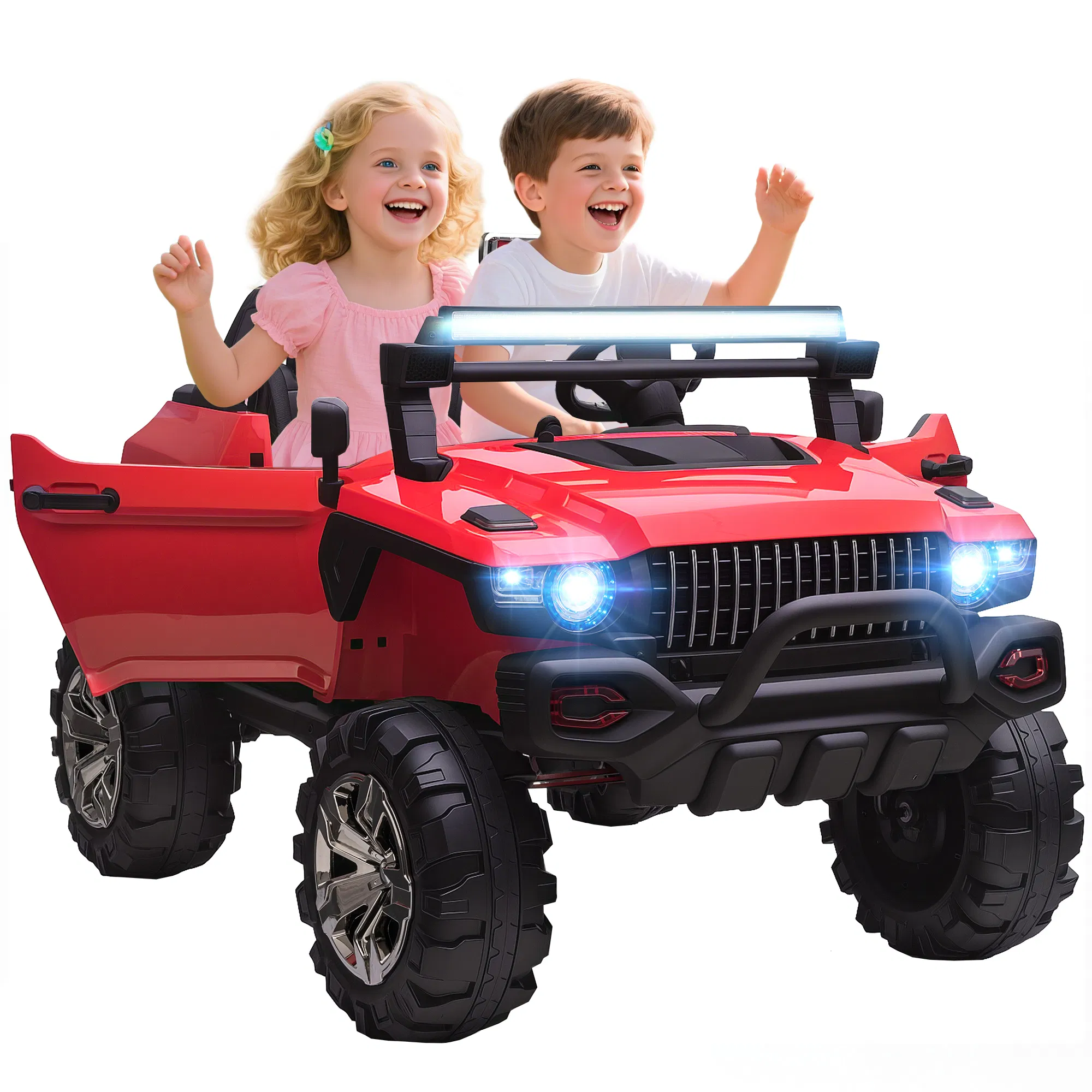 2-Seater Kids Ride On Police Car, 12V 7AH Ride on Truck, Electric Car for Toddlers with Remote Control, LED Lights, Big Wheels, 4 Shock Absorbers, MP3, Storage, Red photo 1