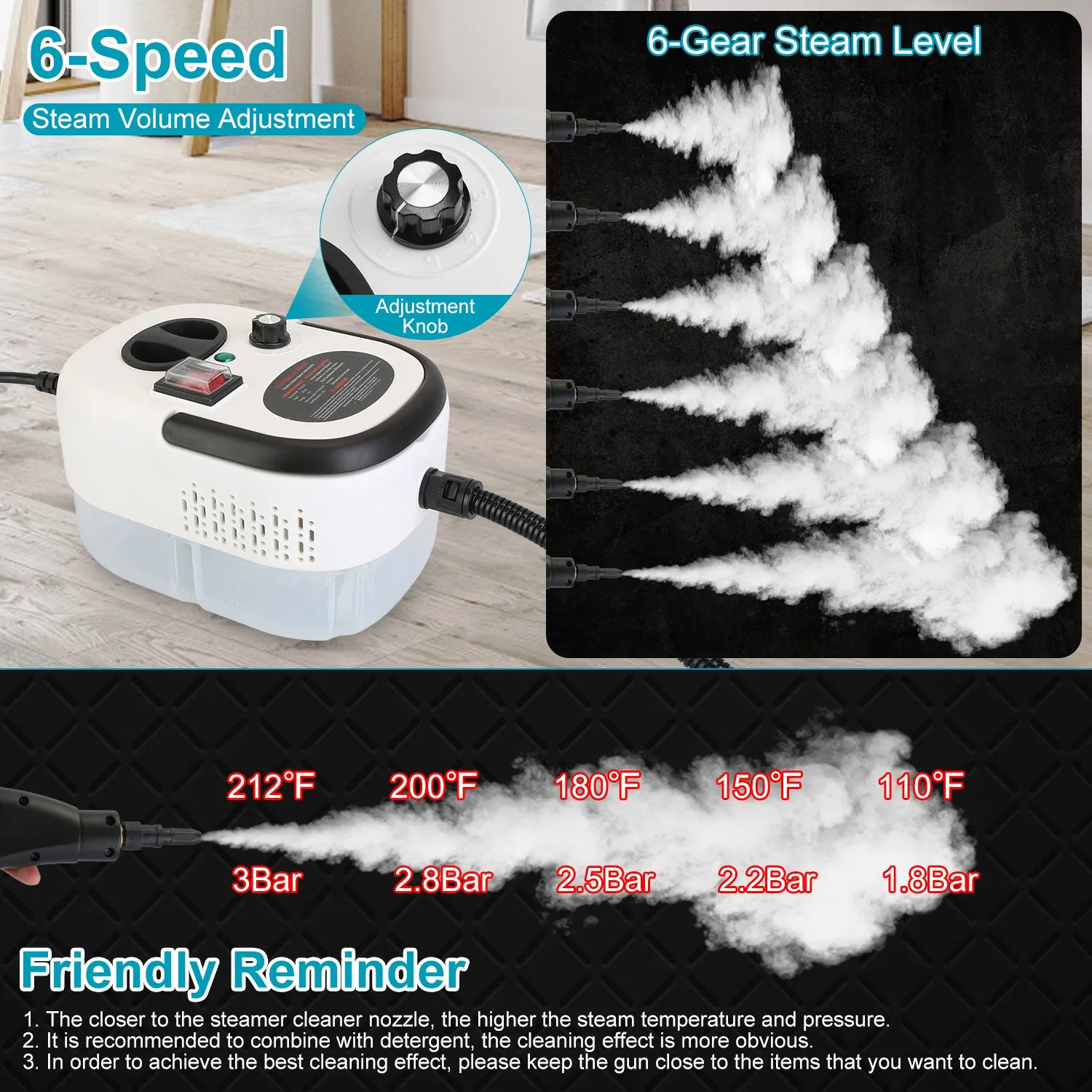 1200ml Tank Steam Cleaner 2500W 3 Bar Hot Steam Output 6 Adjustable Speeds, Complete Multi Function Cleaning Tool Set Foldable Handle Extended Hose Cord for Indoor Auto Surface Maintenance photo 8
