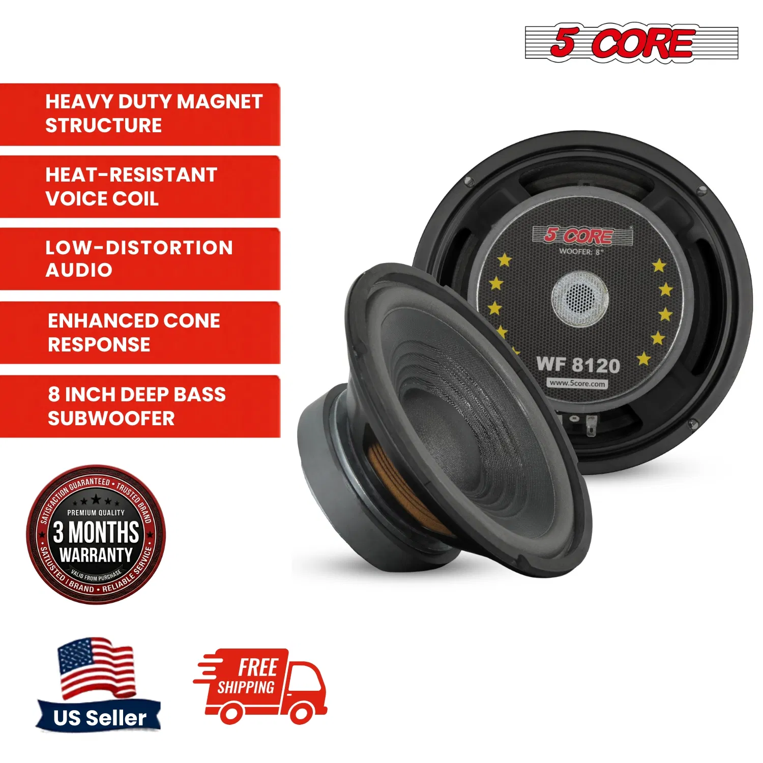 5 Core 8 Inch Woofer 200W Car Audio Subwoofer 8 or 4 Ohm Impedance Replacement Deep Bass Sub w 30 Oz Y30 Magnet Poly Cone Rubber Surround for Vehicle Sound System - WF 8 120 PP 4OHM photo 7