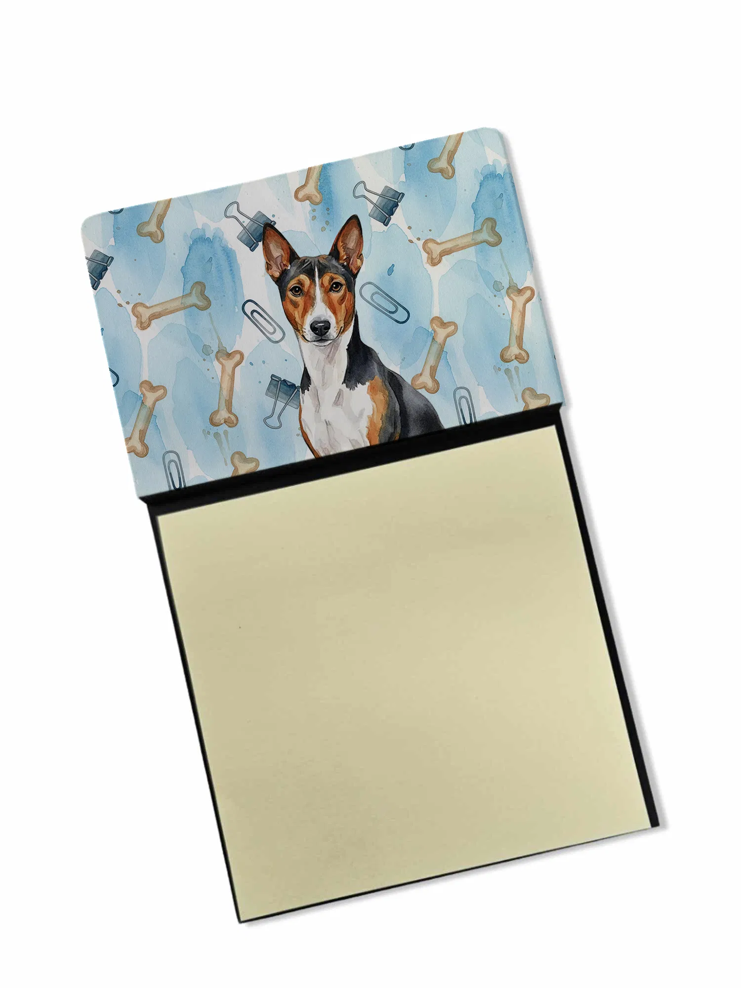 Tricolor and White Basenji Coworker Watercolor Sticky Note Holder Refillable Dispenser Desk Accessory 3x3 Pad Gift photo 1