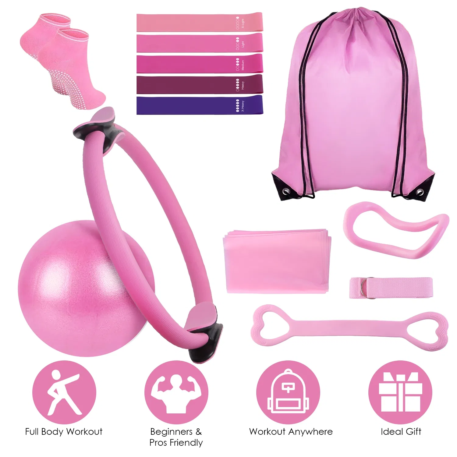 14Pcs Pilates Ring Set with Resistance Bands Yoga Ball Non-Slip Socks, All-in-One Home Gym Equipment for Core Arm Back Training, Portable for Travel photo 3