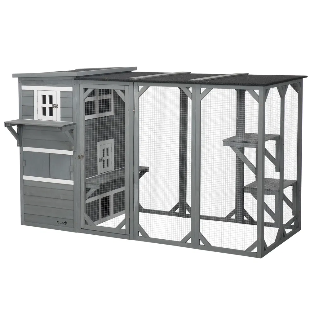 Wooden Cat Catio, 76"L Walk in Outdoor Cat House with Asphalt Roof, Platforms, Lockable Doors, 3-tier Resting Condo, Observation Window, for 2-3 Cats, Light Grey photo 7
