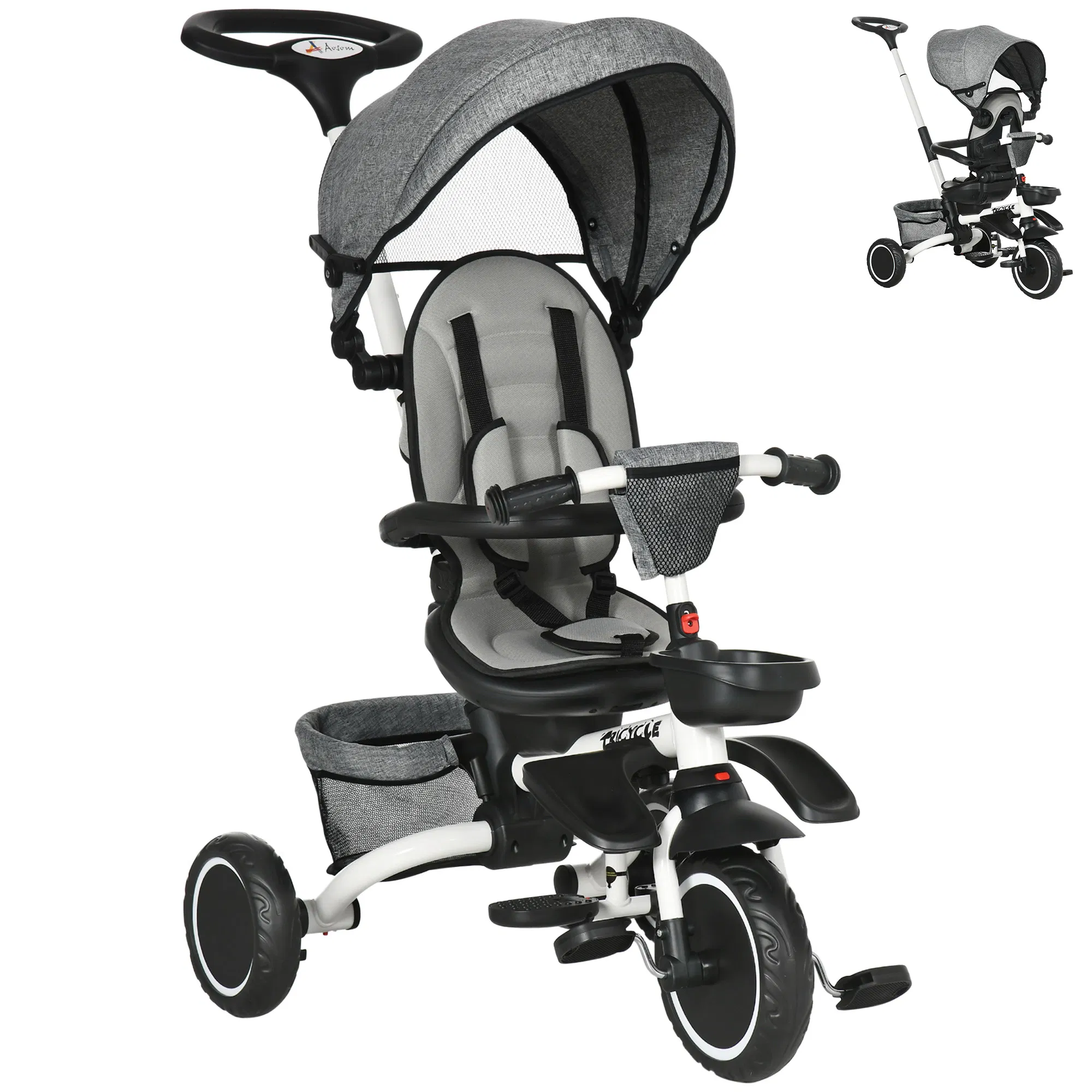6-in-1 Toddler Tricycle for 12-50 Months, Foldable Kids Trike with Adjustable Seat and Push Handle, Safety Harness, Removable Canopy, Footrest, Grey photo 1