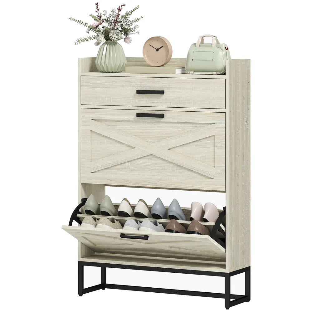 Slim Shoe Storage with 2 Flip Drawers and Adjustable Shelves Shoe Cabinet Organizer for 12 Pair, Distressed White photo 2