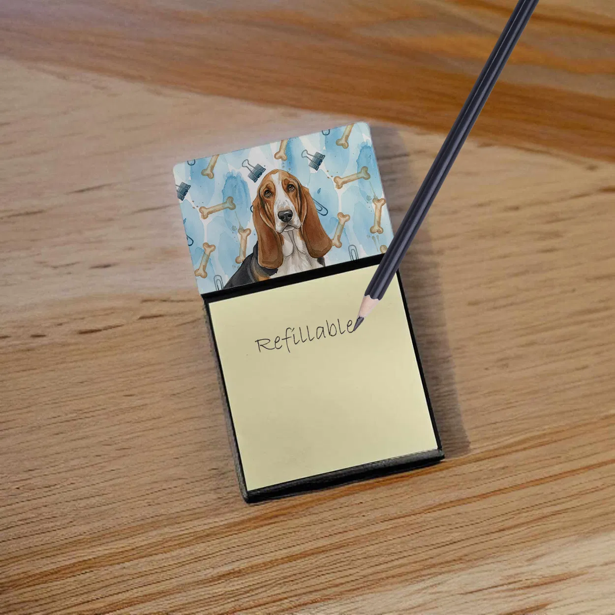 Tricolor and White Basset Hound Coworker Watercolor Sticky Note Holder Refillable Dispenser Desk Accessory 3x3 Pad Gift photo 5