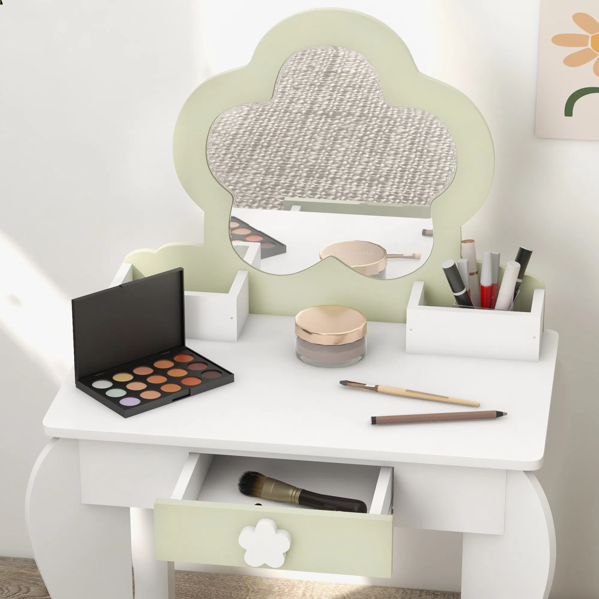 Kids Makeup Vanity Set with Stool, Mirror, Drawer, Storage Boxes, White photo 4