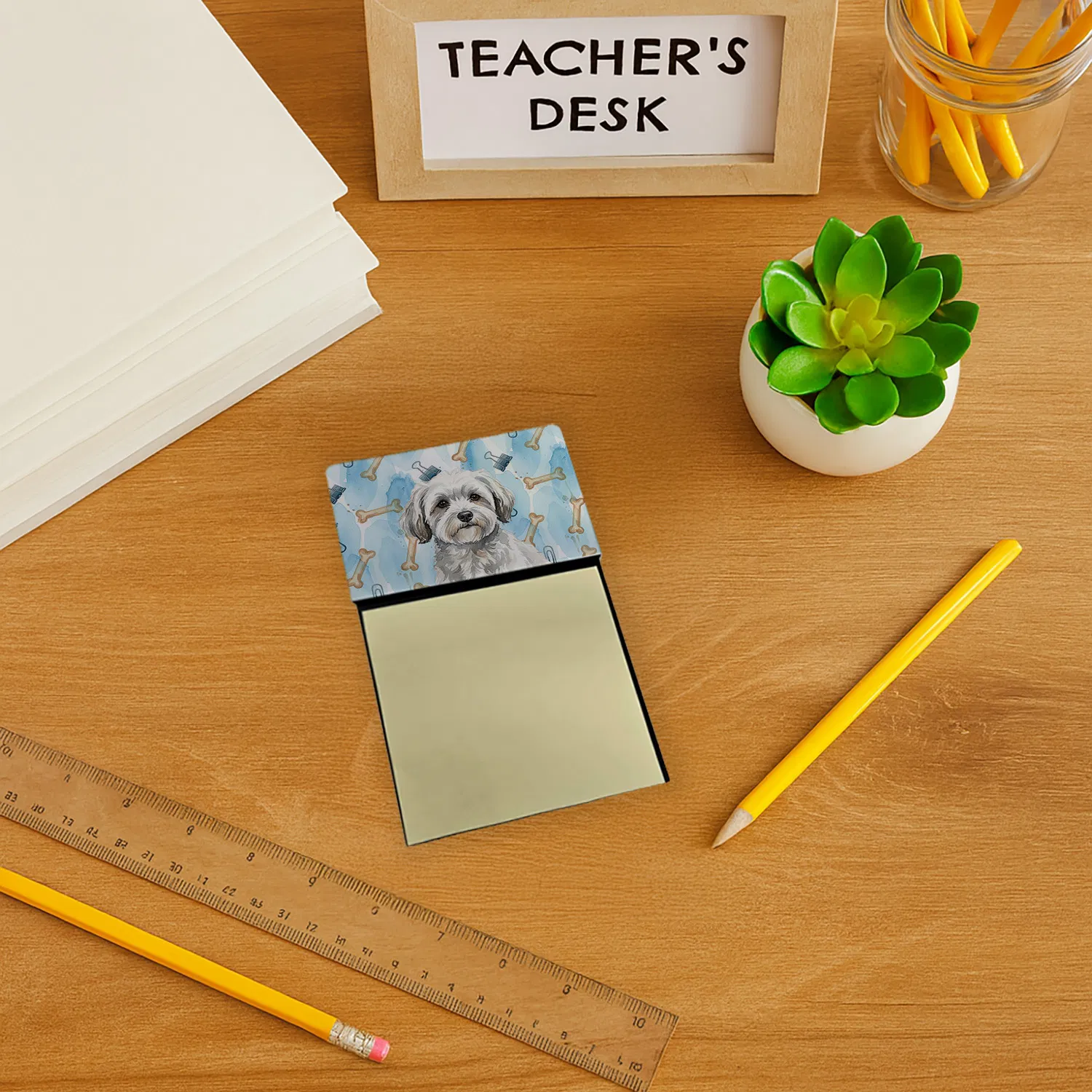 White with Gray Coton de Tulear Coworker Watercolor Sticky Note Holder Refillable Dispenser Desk Accessory 3x3 Pad Gift photo 4