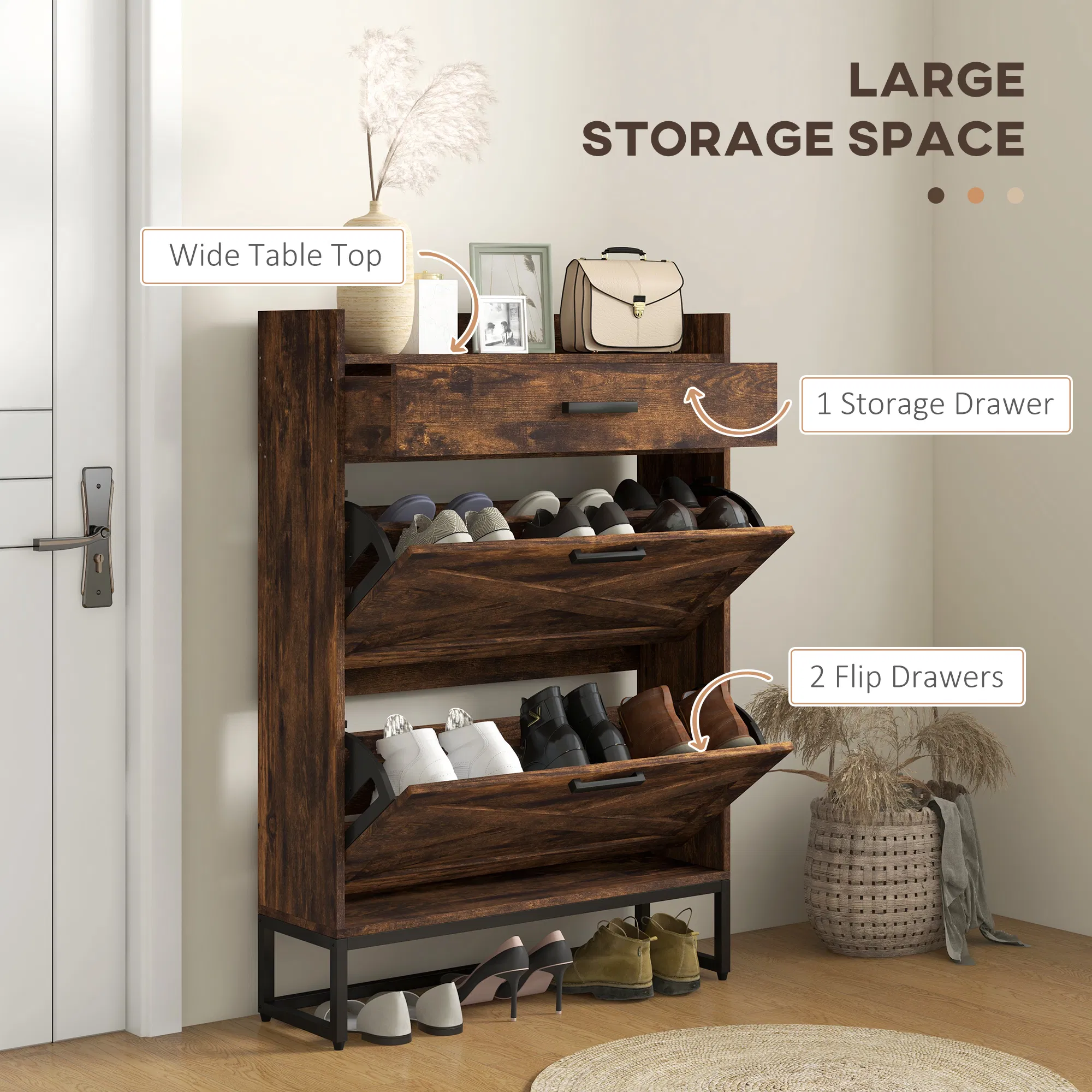 Slim Shoe Storage with 2 Flip Drawers and Adjustable Shelves Shoe Cabinet Organizer for 12 Pair, Rustic Brown photo 2