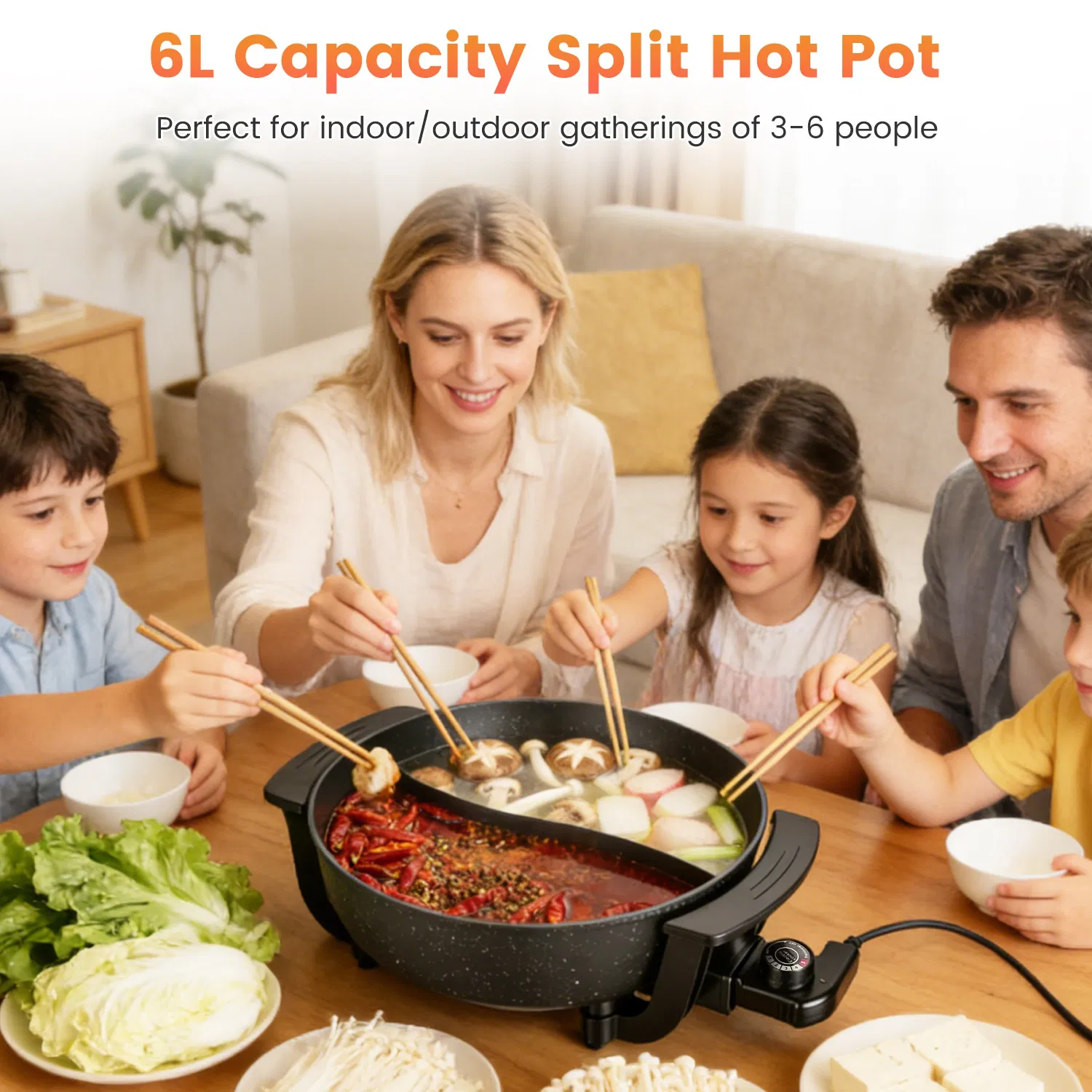 Dual-Flavor Electric Hot Pot 6L with Divider, 5 Temperature Control Non-Stick Shabu Shabu Pot, Complete Accessories Electric Cooker for Home Party Family Dinners photo 6
