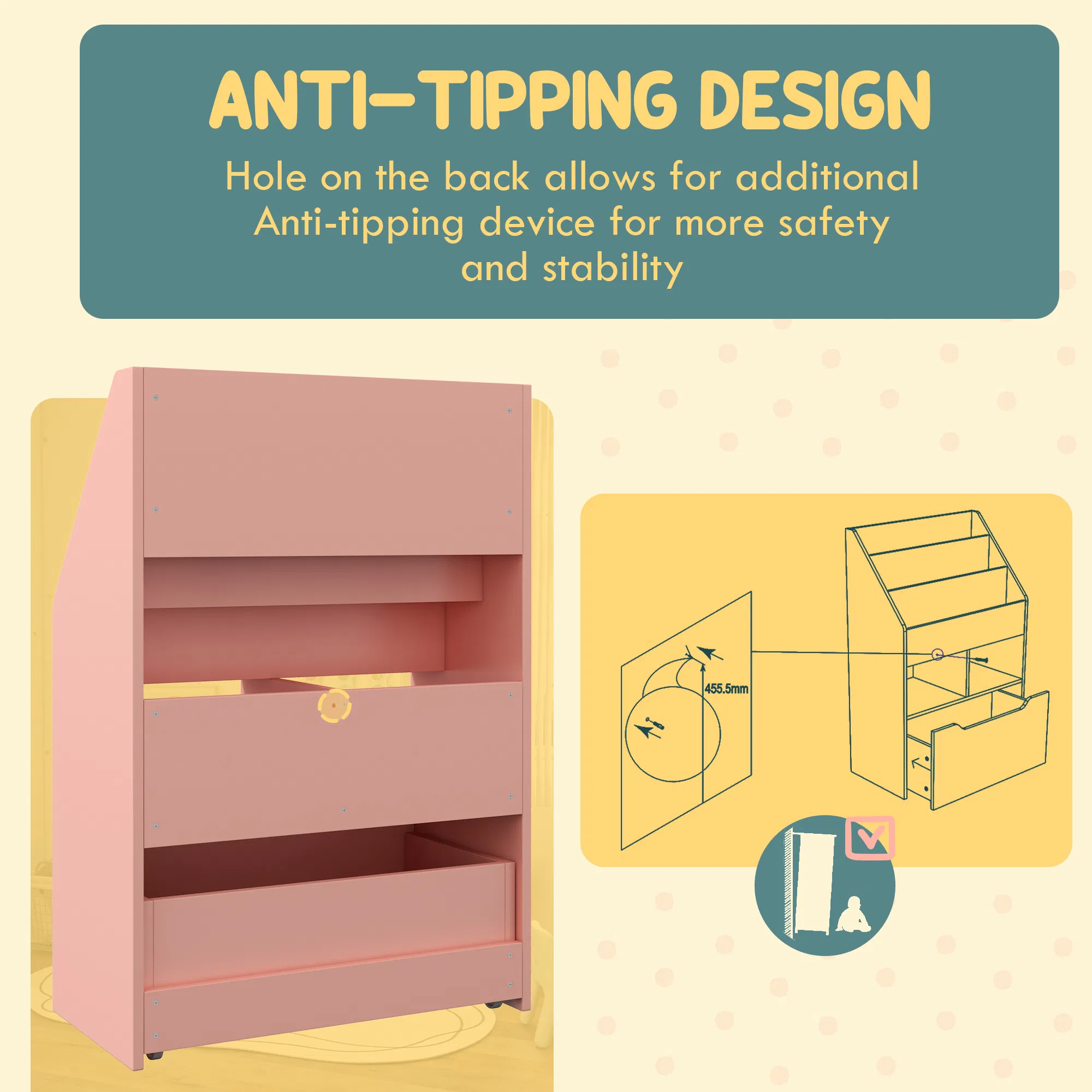 Kids Bookcase with Storage Drawer for Books, Reading Nook, for Classroom, Bedroom, Playroom, Pink photo 6