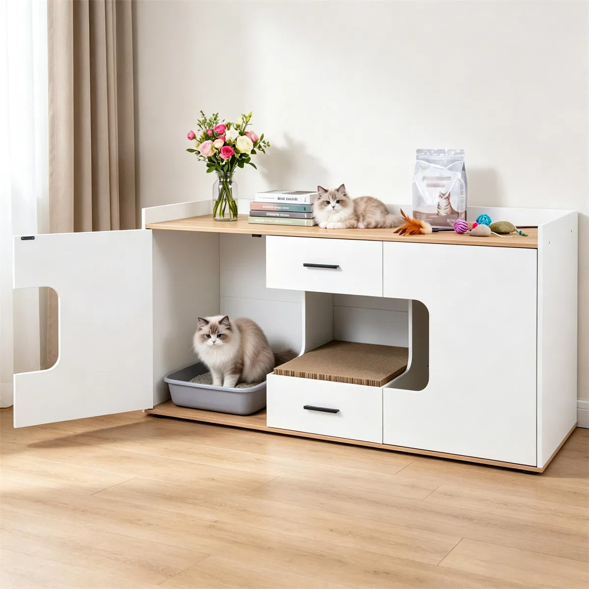 Large Cat Litter Box Enclosure Furniture with Storage Drawers & Built-In Scratching Board, Hidden Cat Washroom Cabinet with Anti-Tipping Kit for Living Room Bedroom photo 8
